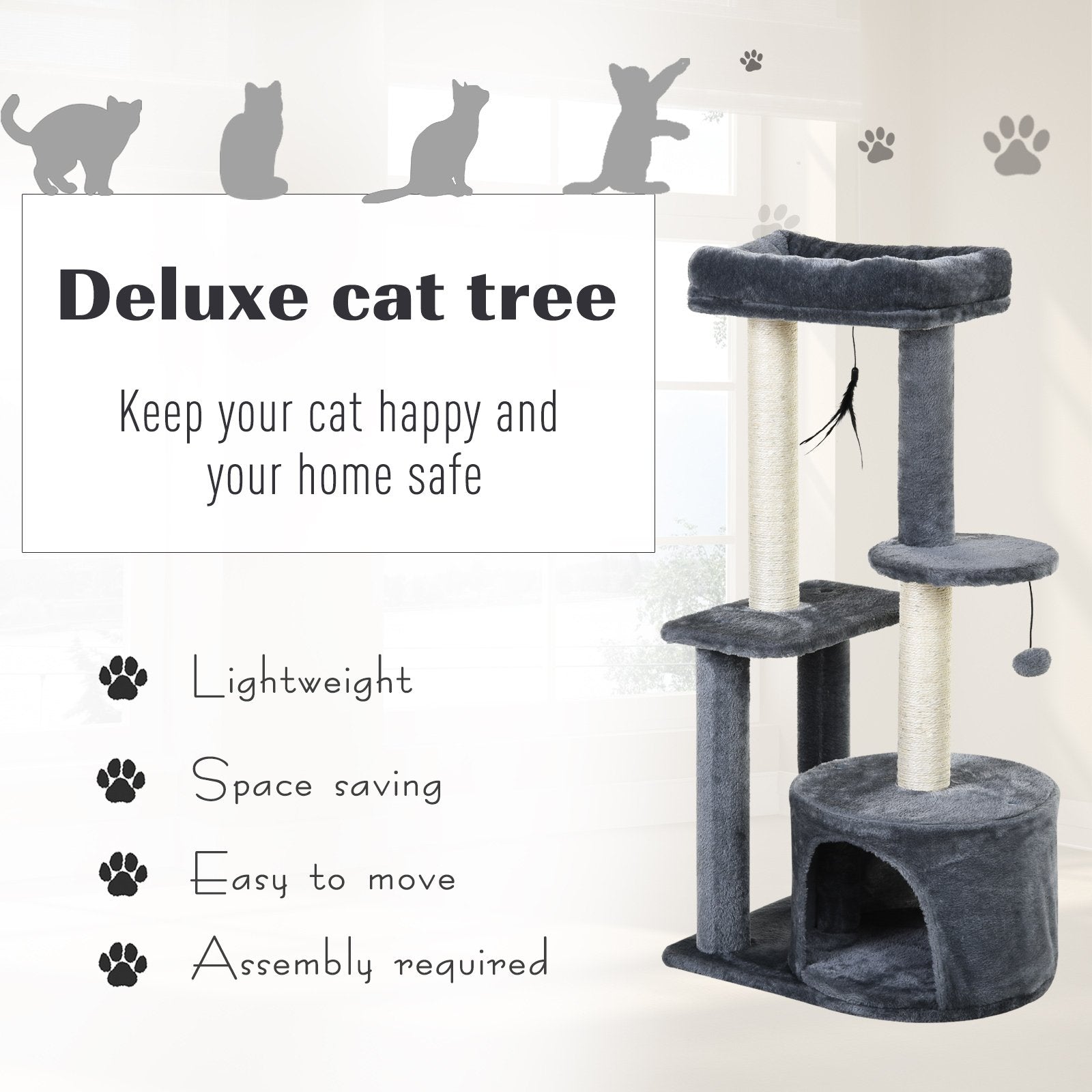 PawHut Cat Tree for Indoor Cats Kitten Tower w/ Perch House Scratching Post Platform Play Ball Plush Covering Play Rest Relax Grey White - Baig Merchant