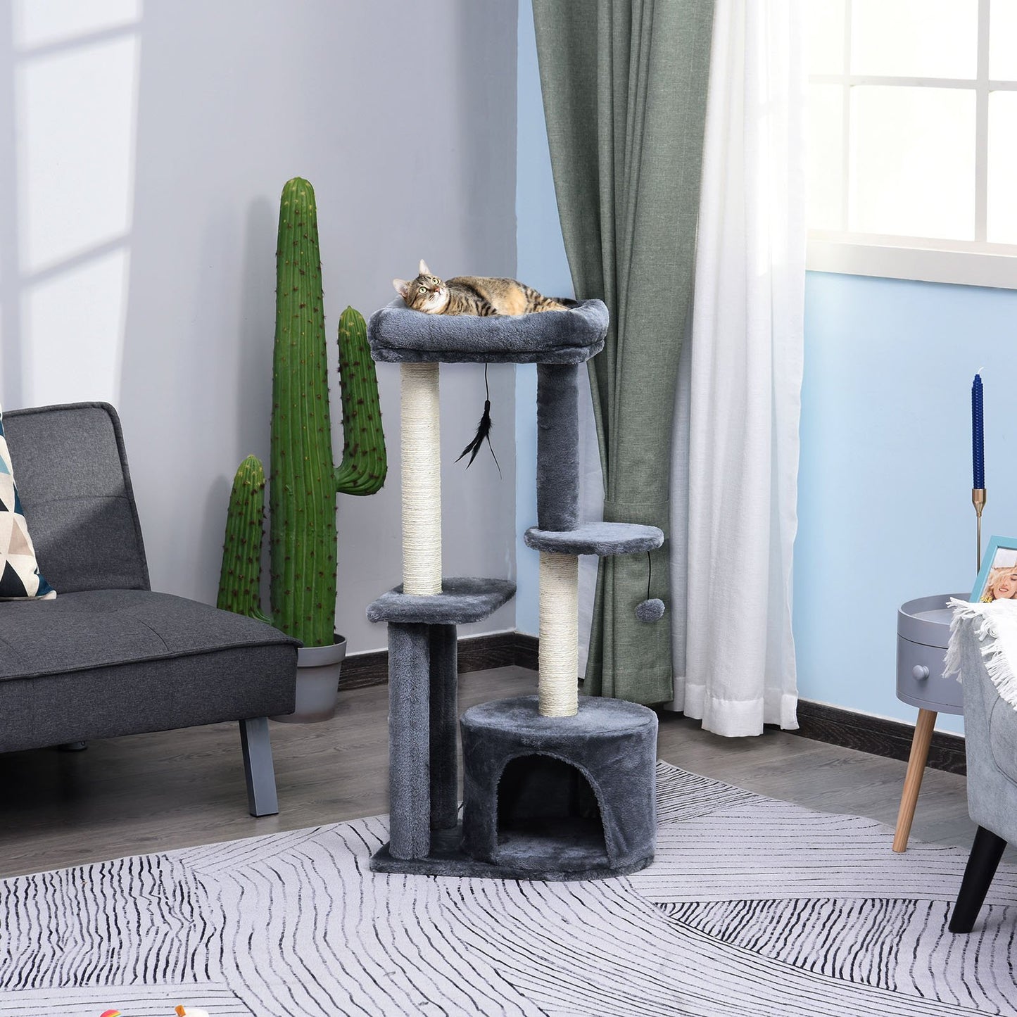 PawHut Cat Tree for Indoor Cats Kitten Tower w/ Perch House Scratching Post Platform Play Ball Plush Covering Play Rest Relax Grey White - Baig Merchant