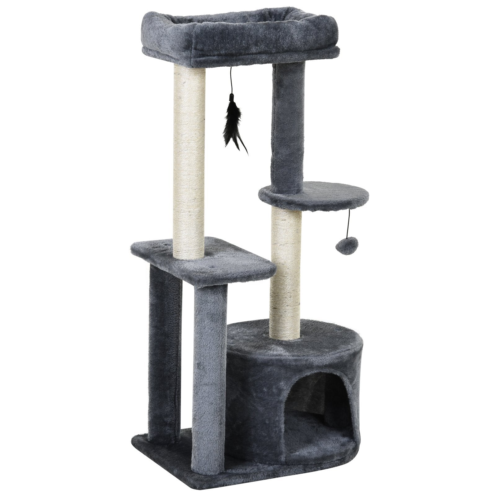 PawHut Cat Tree for Indoor Cats Kitten Tower w/ Perch House Scratching Post Platform Play Ball Plush Covering Play Rest Relax Grey White - Baig Merchant