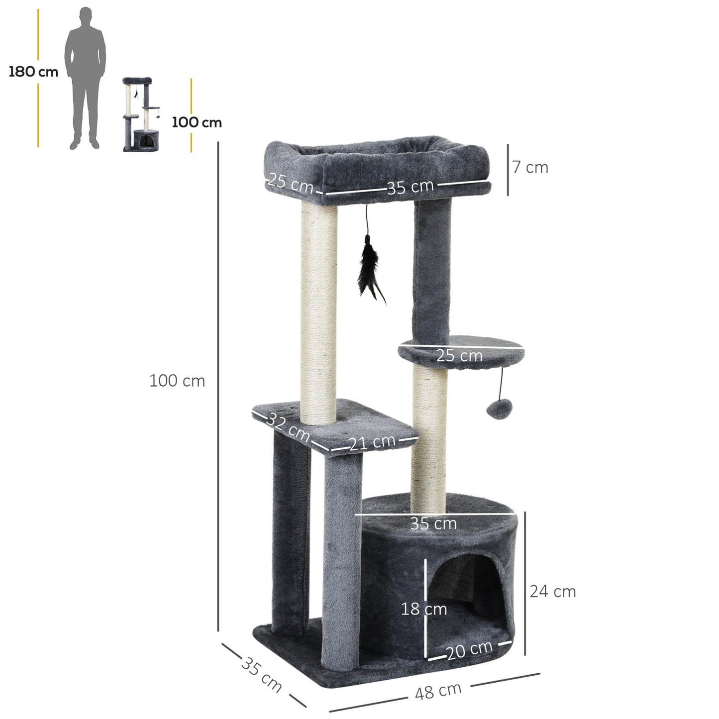 PawHut Cat Tree for Indoor Cats Kitten Tower w/ Perch House Scratching Post Platform Play Ball Plush Covering Play Rest Relax Grey White - Baig Merchant