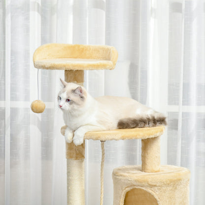 PawHut Cat Tree for Indoor Cats Pet Activity Centre Kitty Condo Climbing Scratching Post with Toys 4 - tier 114cm Tall Beige - Baig Merchant