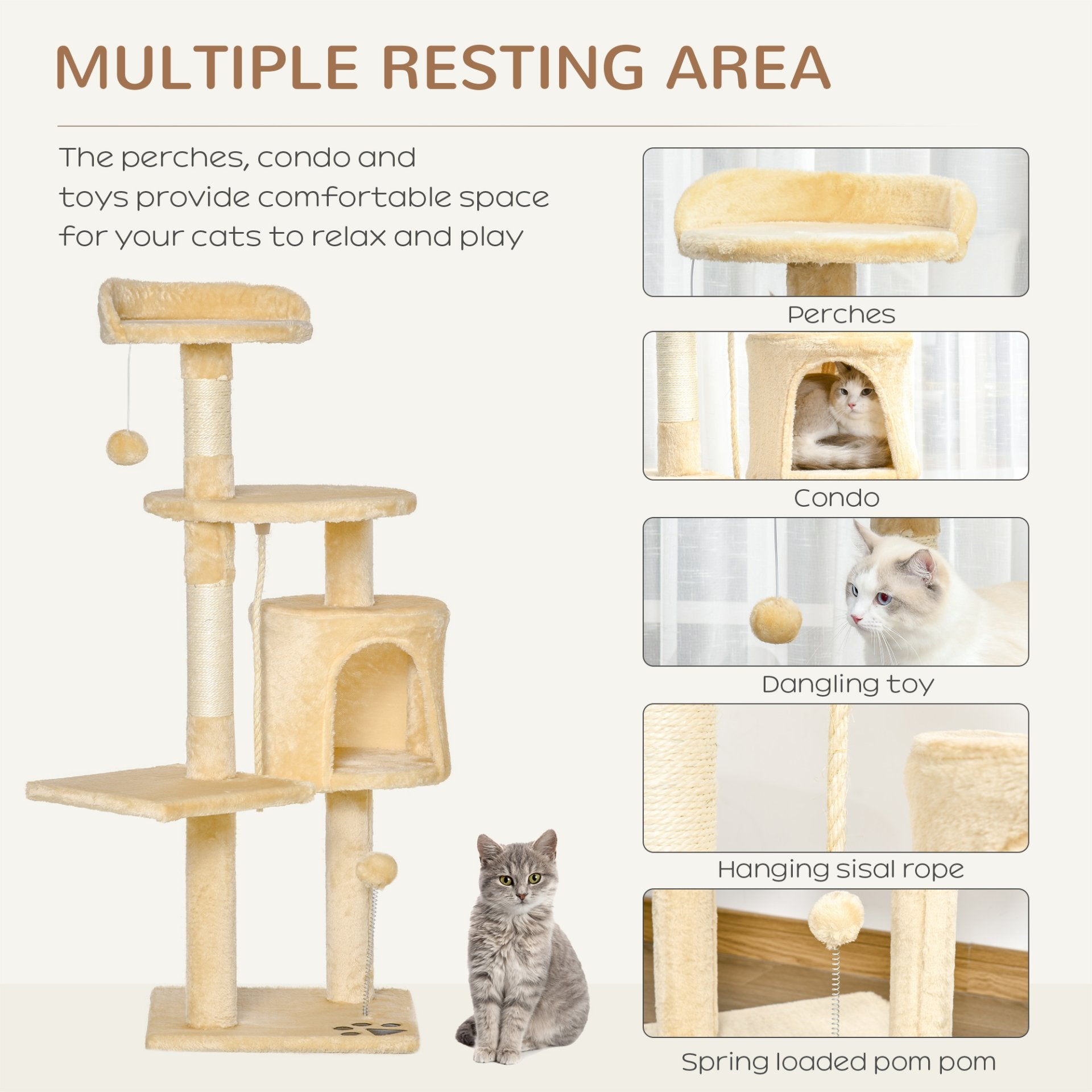 PawHut Cat Tree for Indoor Cats Pet Activity Centre Kitty Condo Climbing Scratching Post with Toys 4 - tier 114cm Tall Beige - Baig Merchant