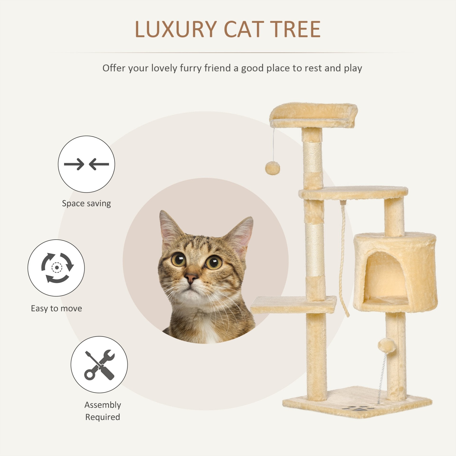 PawHut Cat Tree for Indoor Cats Pet Activity Centre Kitty Condo Climbing Scratching Post with Toys 4 - tier 114cm Tall Beige - Baig Merchant