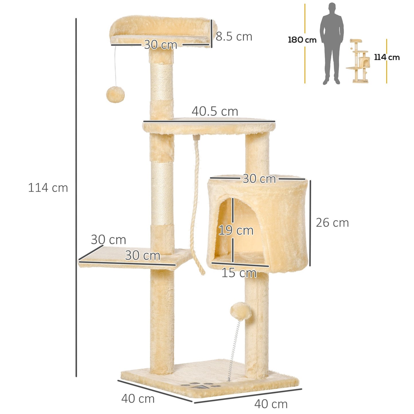 PawHut Cat Tree for Indoor Cats Pet Activity Centre Kitty Condo Climbing Scratching Post with Toys 4 - tier 114cm Tall Beige - Baig Merchant