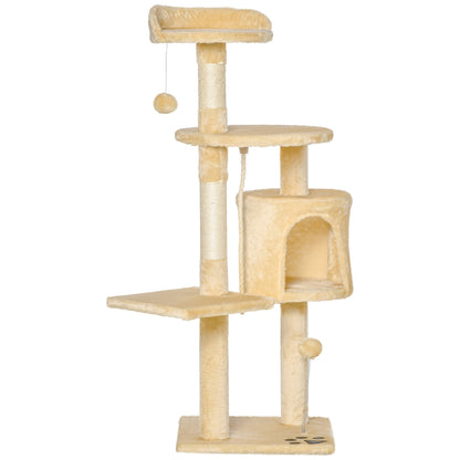 PawHut Cat Tree for Indoor Cats Pet Activity Centre Kitty Condo Climbing Scratching Post with Toys 4 - tier 114cm Tall Beige - Baig Merchant