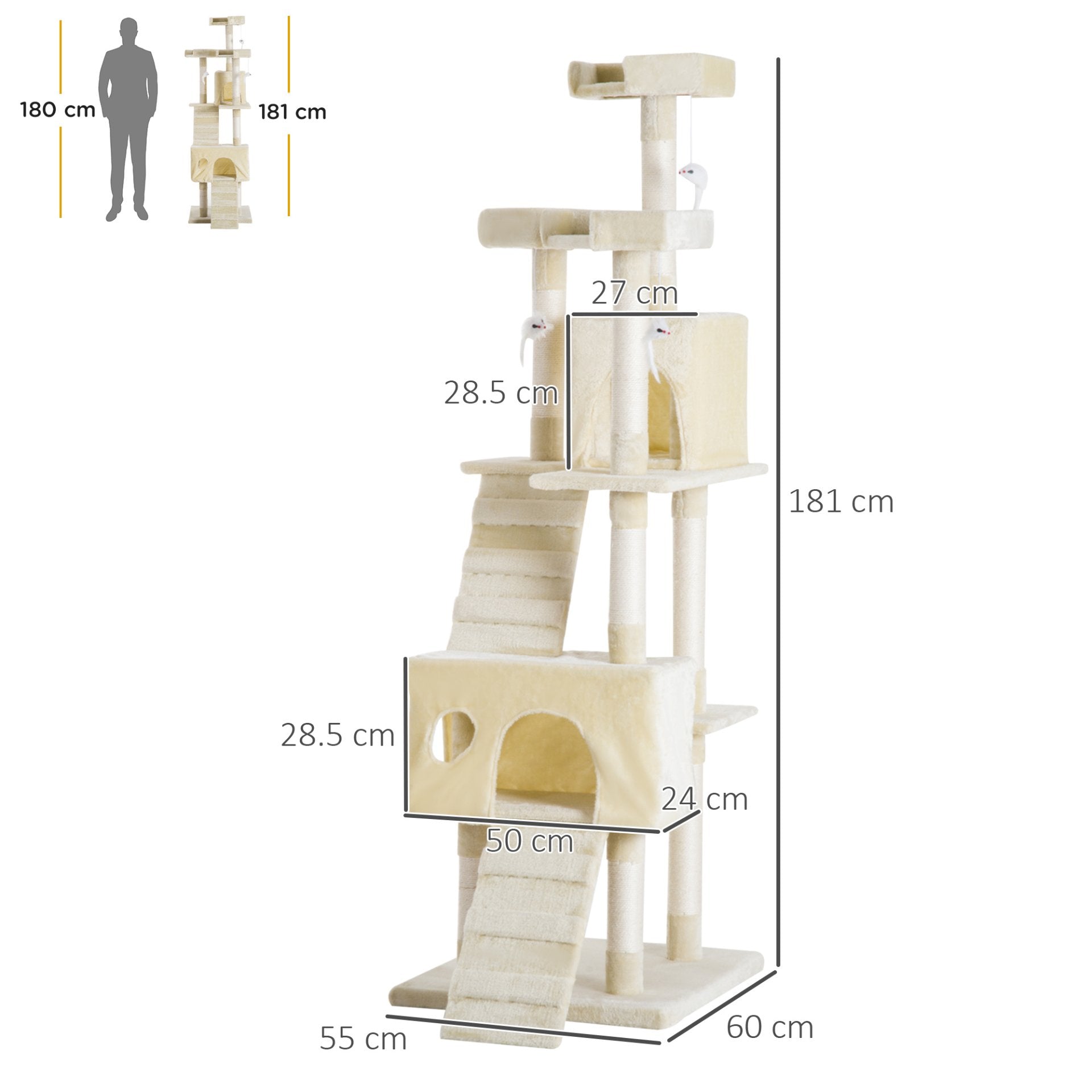 PawHut Cat Tree for Indoor Cats Play Tower Activity Center Kitten Scratch Post Climbing Tower 181 cm - Baig Merchant