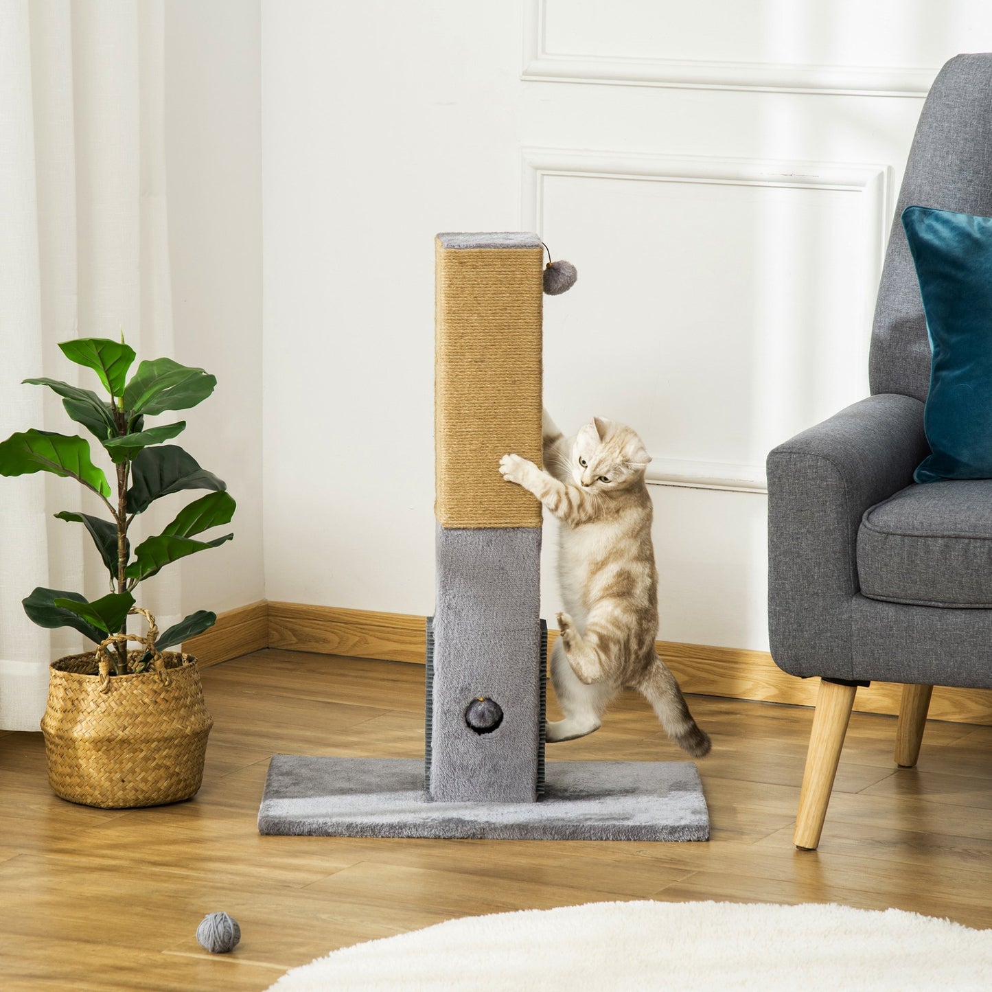 PawHut Cat Tree Scratching Post for Indoor Cats 79cm Jute Scratcher Climber w/ Carpet Base Dangling Toy – Grey - Baig Merchant