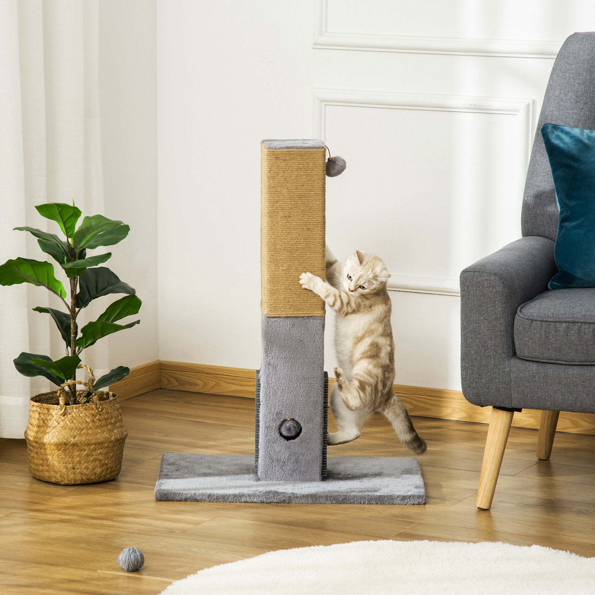 PawHut Cat Tree Scratching Post for Indoor Cats 79cm Jute Scratcher Climber w/ Carpet Base Dangling Toy – Grey - Baig Merchant