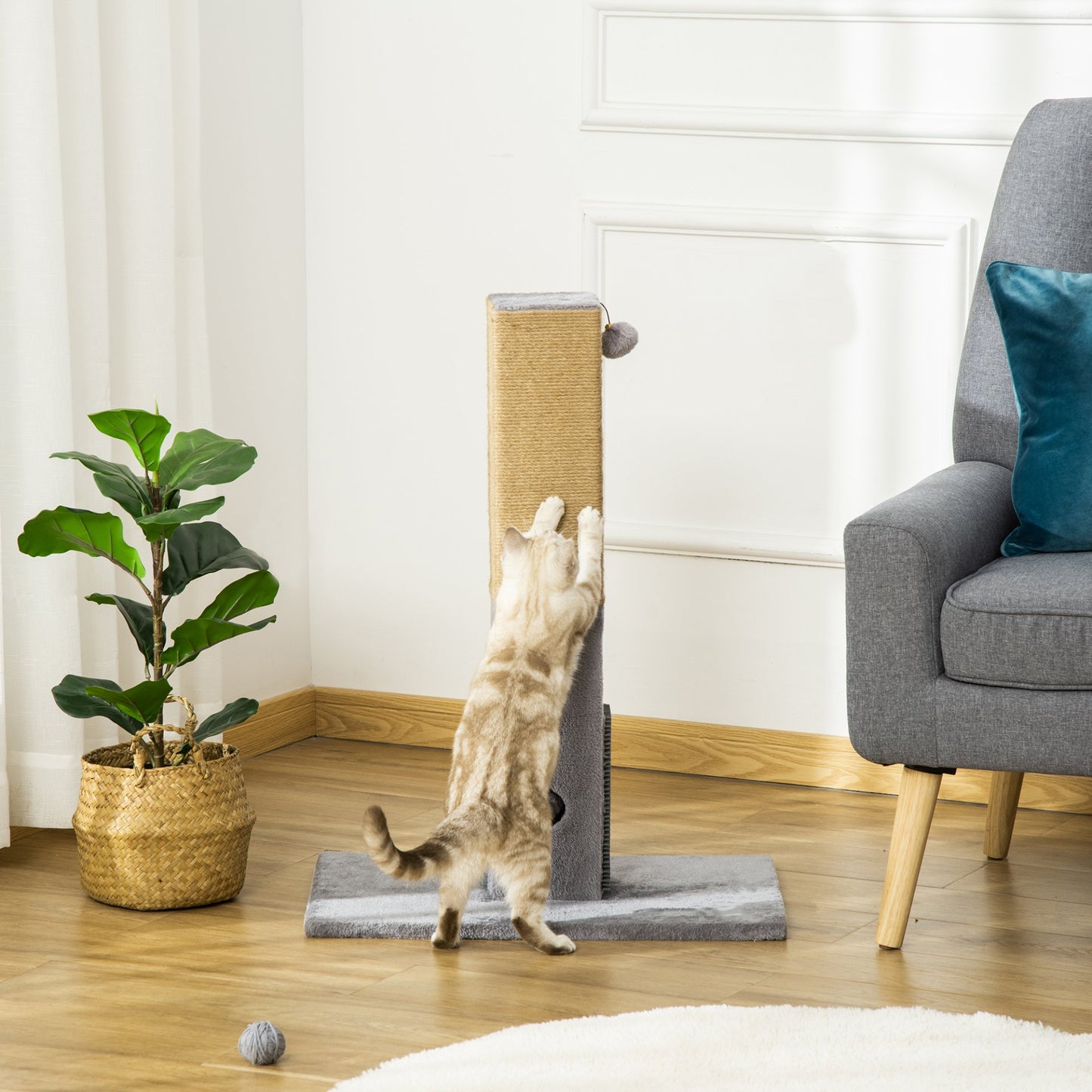 PawHut Cat Tree Scratching Post for Indoor Cats 79cm Jute Scratcher Climber w/ Carpet Base Dangling Toy – Grey - Baig Merchant