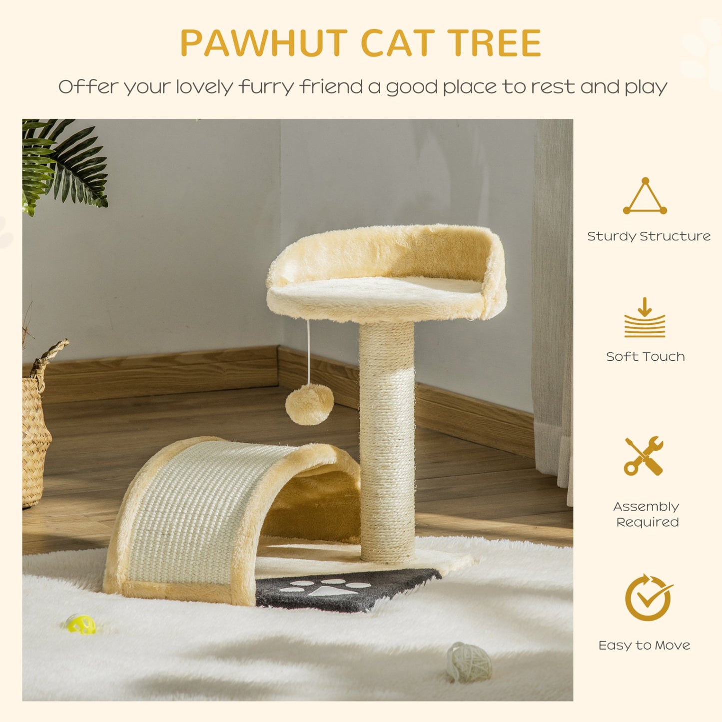 PawHut Cat Tree Scratching Scratcher Post Kitten Activity Centre Climber Hanging Ball Beige - Baig Merchant