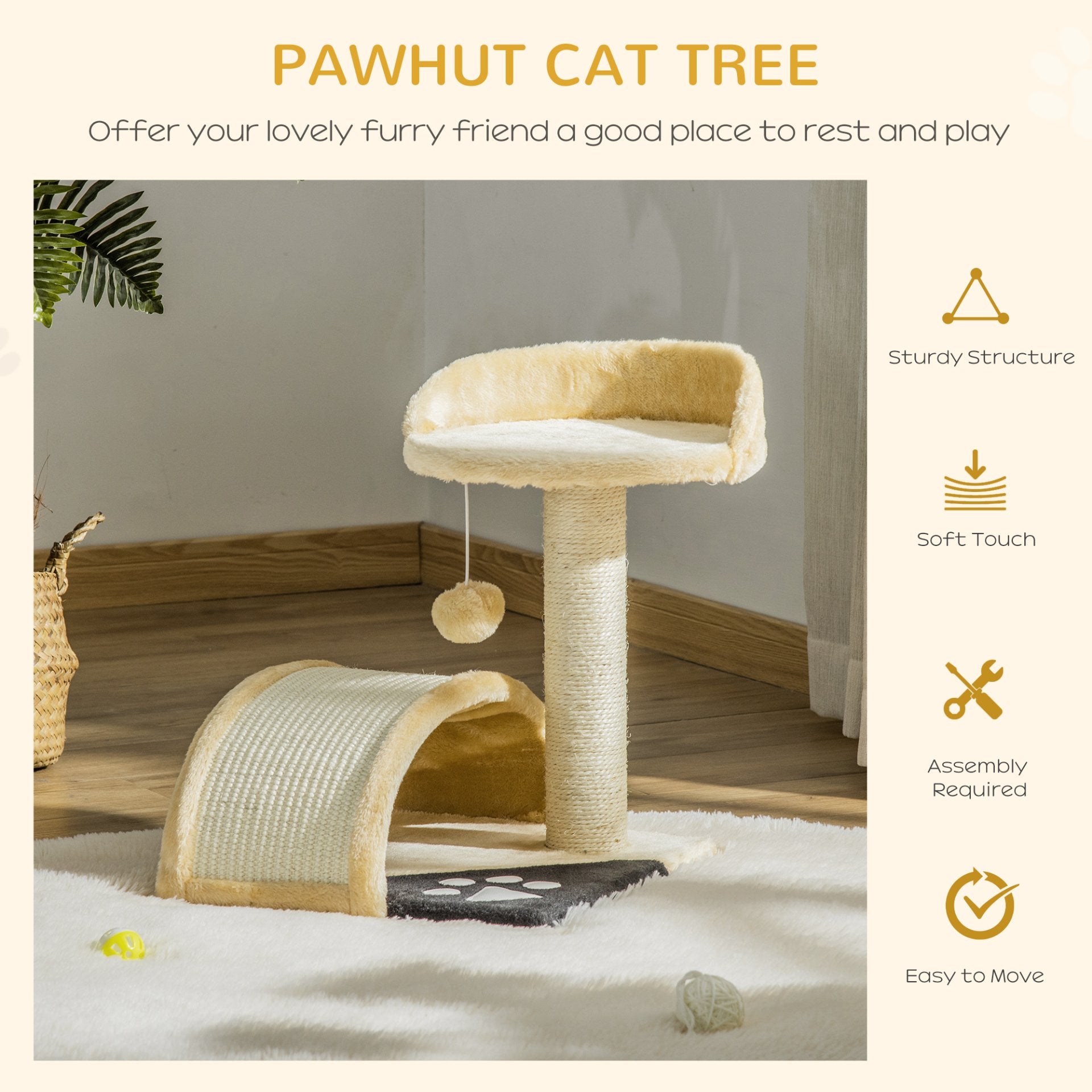 PawHut Cat Tree Scratching Scratcher Post Kitten Activity Centre Climber Hanging Ball Beige - Baig Merchant