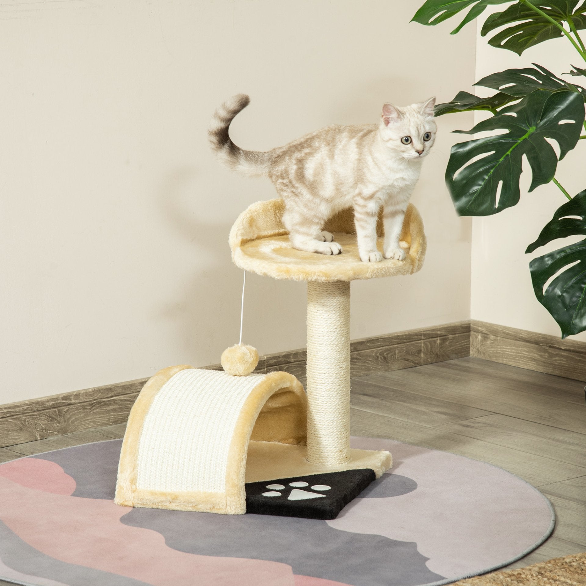 PawHut Cat Tree Scratching Scratcher Post Kitten Activity Centre Climber Hanging Ball Beige - Baig Merchant