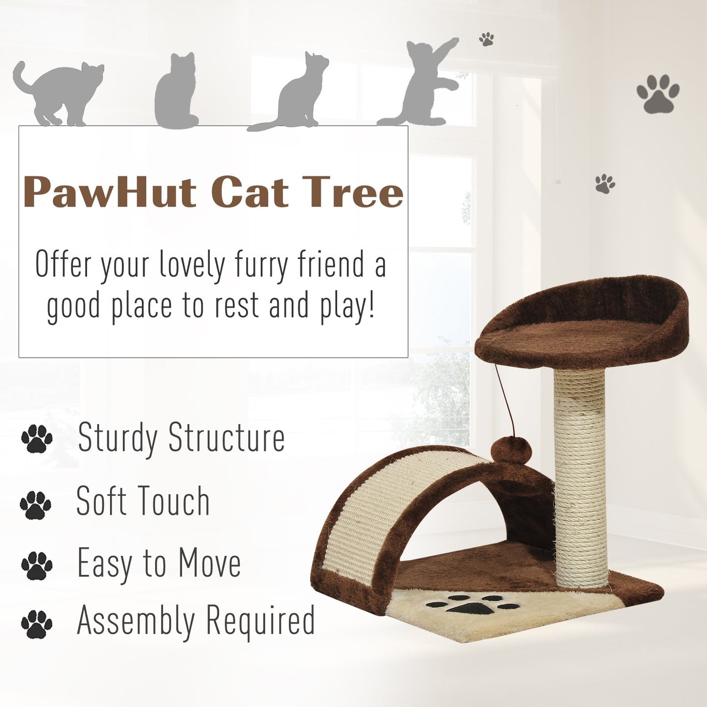 PawHut Cat Tree Scratching Scratcher Post Kitten Activity Centre Climber Hanging Ball Brown - Baig Merchant