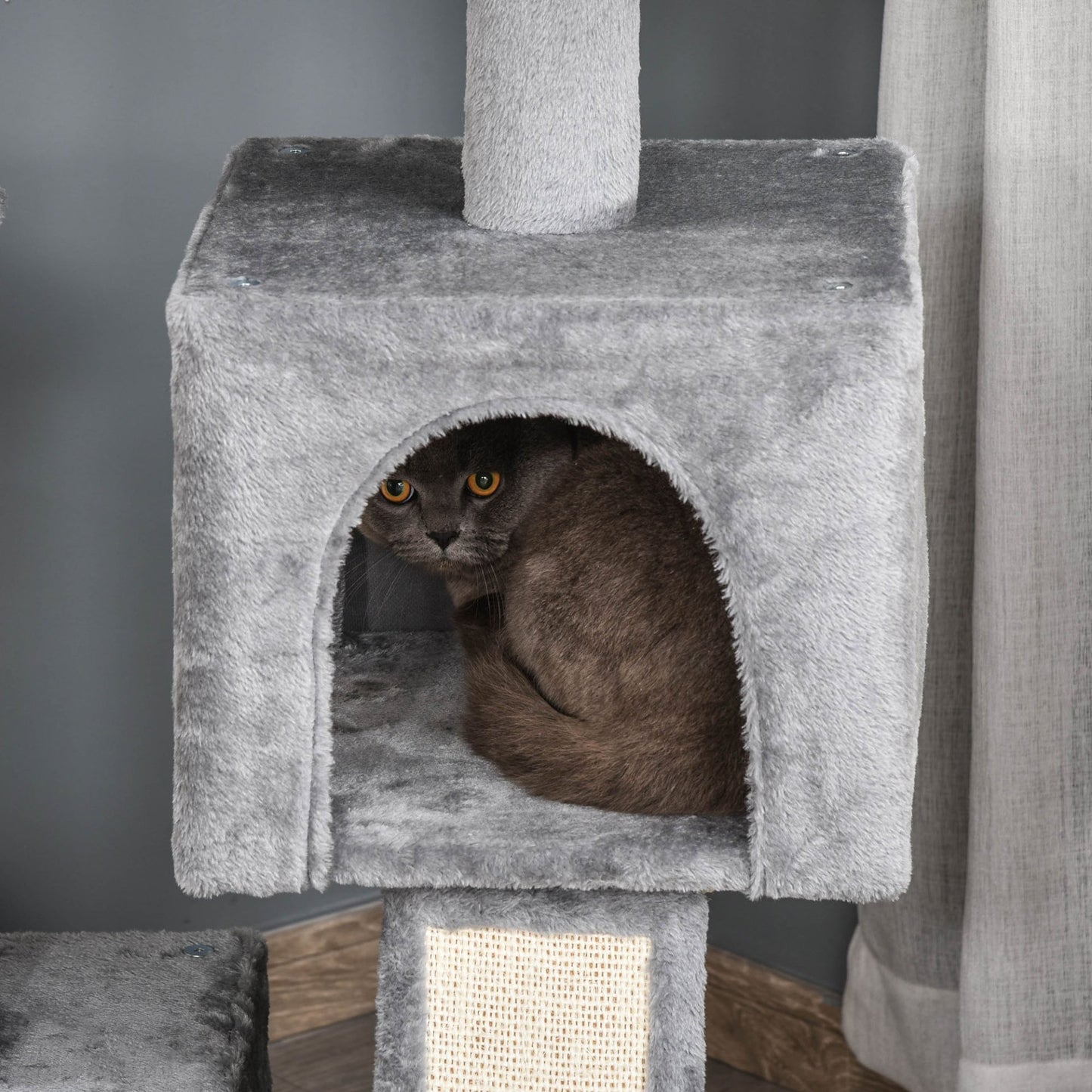 PawHut Cat Tree Tower for Indoor Cats 111cm Climbing Kitten Activity Centre with Sisal Scratching Post Pad Perch Hanging Ball Hammock Condo Toy Grey - Baig Merchant