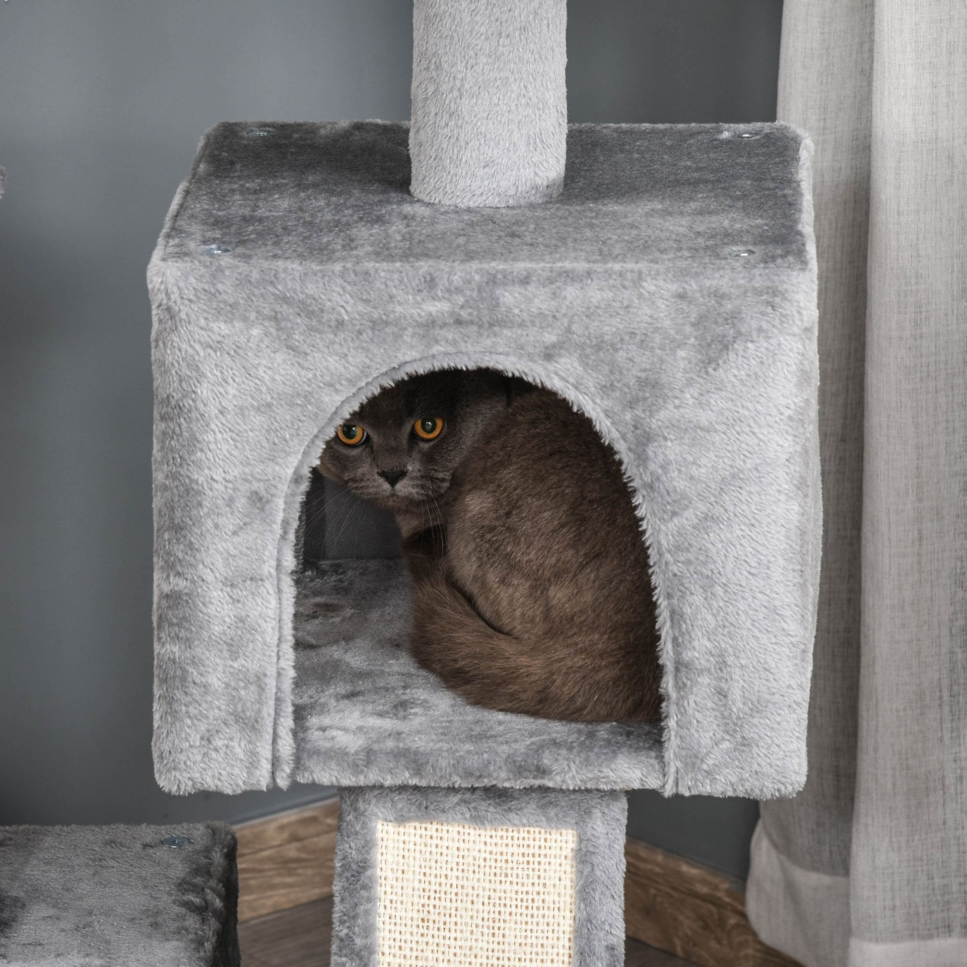 PawHut Cat Tree Tower for Indoor Cats 111cm Climbing Kitten Activity Centre with Sisal Scratching Post Pad Perch Hanging Ball Hammock Condo Toy Grey - Baig Merchant