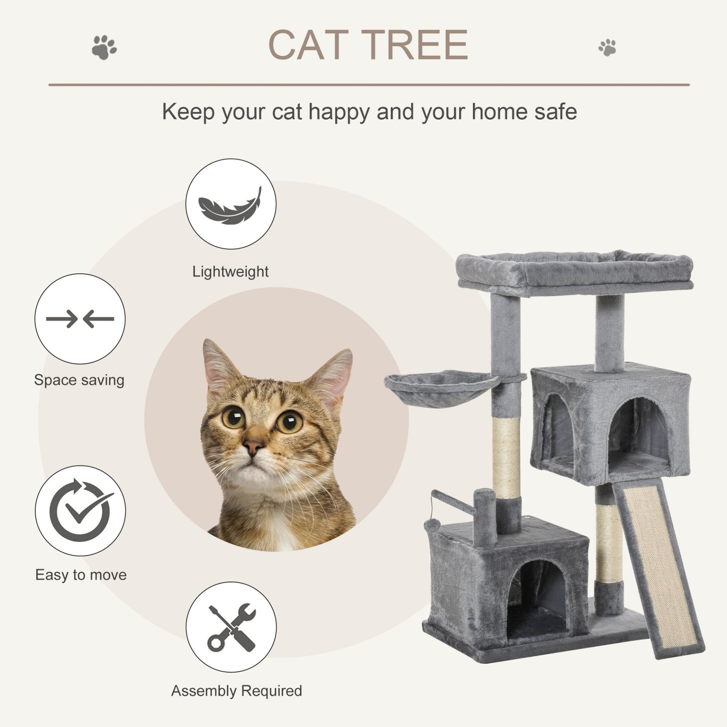 PawHut Cat Tree Tower for Indoor Cats 111cm Climbing Kitten Activity Centre with Sisal Scratching Post Pad Perch Hanging Ball Hammock Condo Toy Grey - Baig Merchant