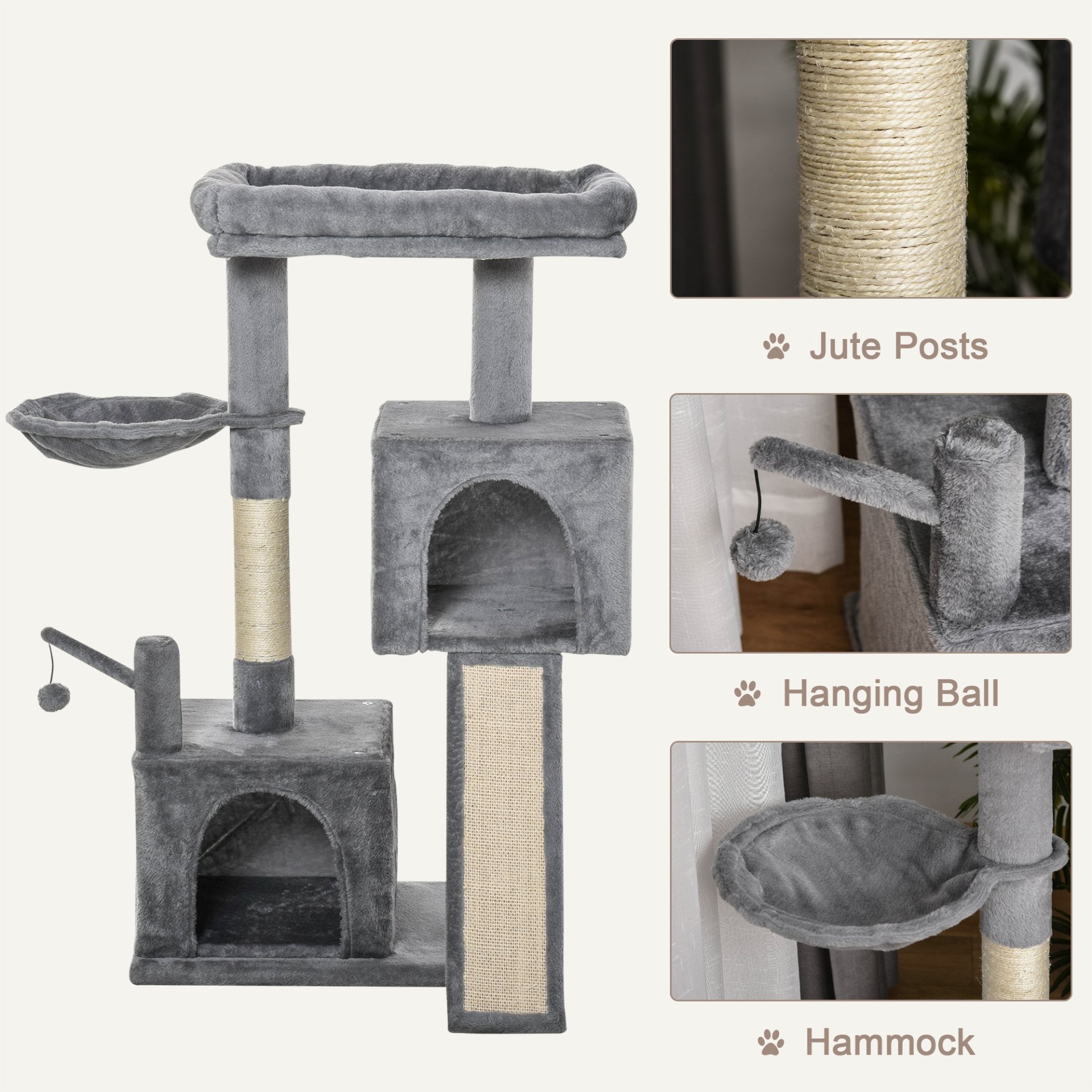 PawHut Cat Tree Tower for Indoor Cats 111cm Climbing Kitten Activity Centre with Sisal Scratching Post Pad Perch Hanging Ball Hammock Condo Toy Grey - Baig Merchant