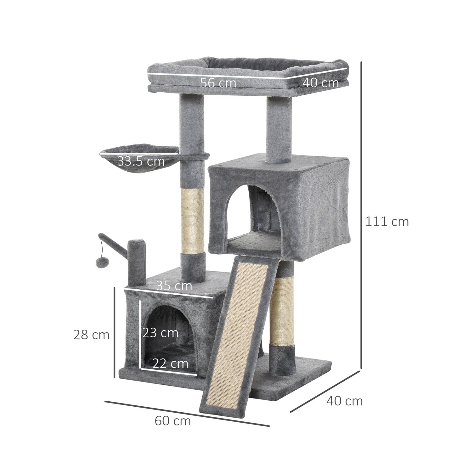 PawHut Cat Tree Tower for Indoor Cats 111cm Climbing Kitten Activity Centre with Sisal Scratching Post Pad Perch Hanging Ball Hammock Condo Toy Grey - Baig Merchant