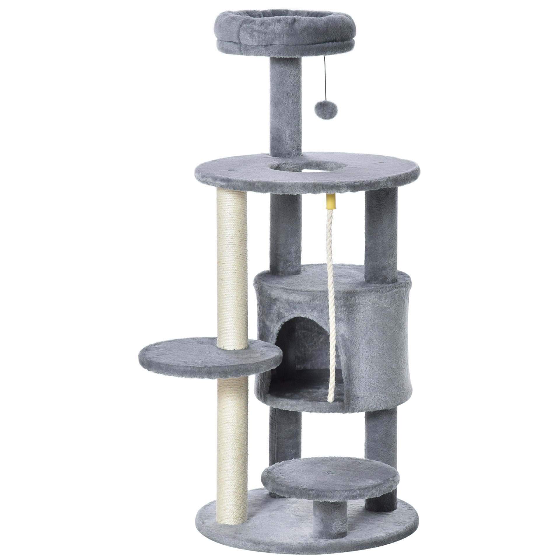 PawHut Cat Tree Tower for Indoor Cats 112cm Climbing Kitten Activity Center with Jute Scratching Post Perch Hanging Ball Toy Teasing Rope Dark grey - Baig Merchant