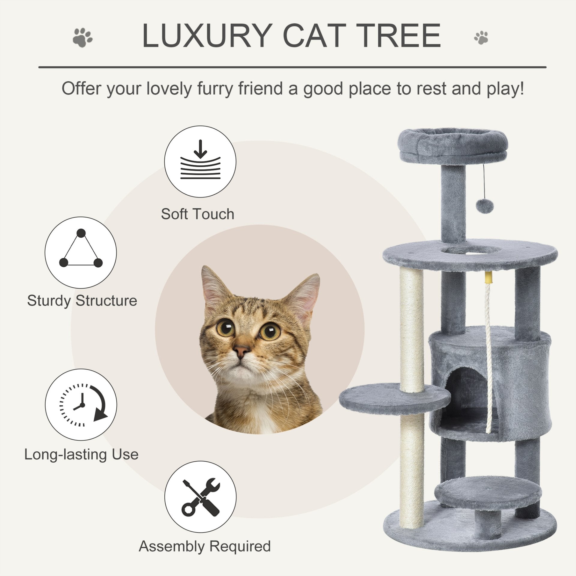 PawHut Cat Tree Tower for Indoor Cats 112cm Climbing Kitten Activity Center with Jute Scratching Post Perch Hanging Ball Toy Teasing Rope Dark grey - Baig Merchant