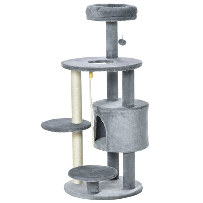 PawHut Cat Tree Tower for Indoor Cats 112cm Climbing Kitten Activity Center with Jute Scratching Post Perch Hanging Ball Toy Teasing Rope Dark grey - Baig Merchant