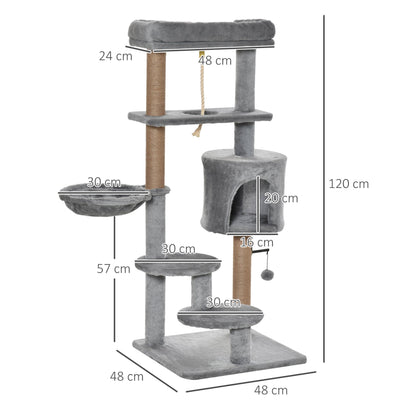 PawHut Cat Tree Tower for Indoor Cats 120cm Climbing Kitten Activity Center with Jute Scratching Post Perch Hanging Ball Hammock Teasing Rope Condo Toy Light Grey - Baig Merchant