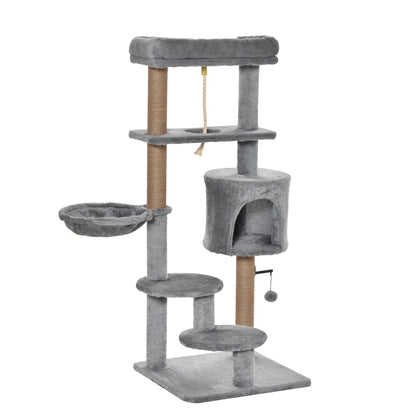 PawHut Cat Tree Tower for Indoor Cats 120cm Climbing Kitten Activity Center with Jute Scratching Post Perch Hanging Ball Hammock Teasing Rope Condo Toy Light Grey - Baig Merchant