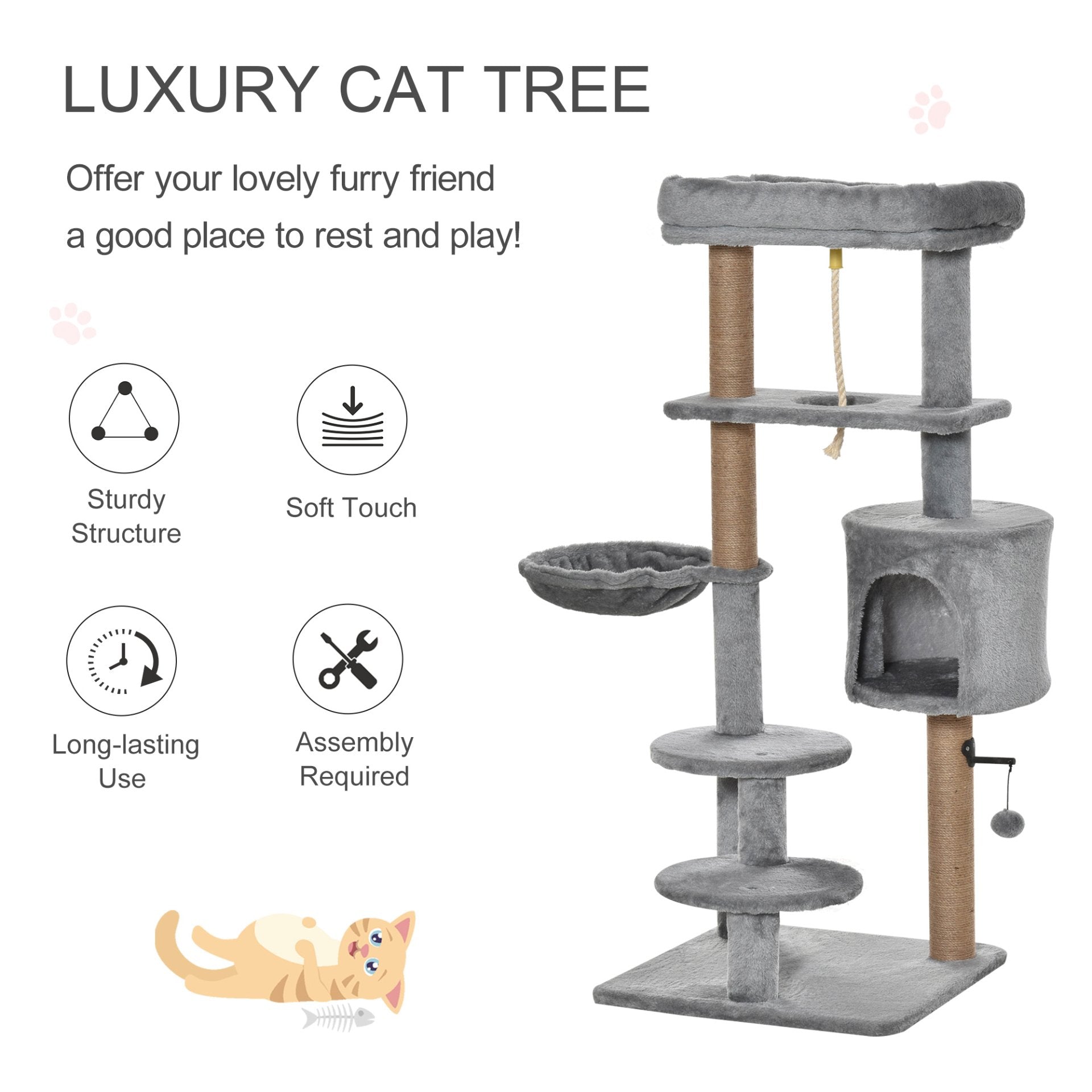 PawHut Cat Tree Tower for Indoor Cats 120cm Climbing Kitten Activity Center with Jute Scratching Post Perch Hanging Ball Hammock Teasing Rope Condo Toy Light Grey - Baig Merchant