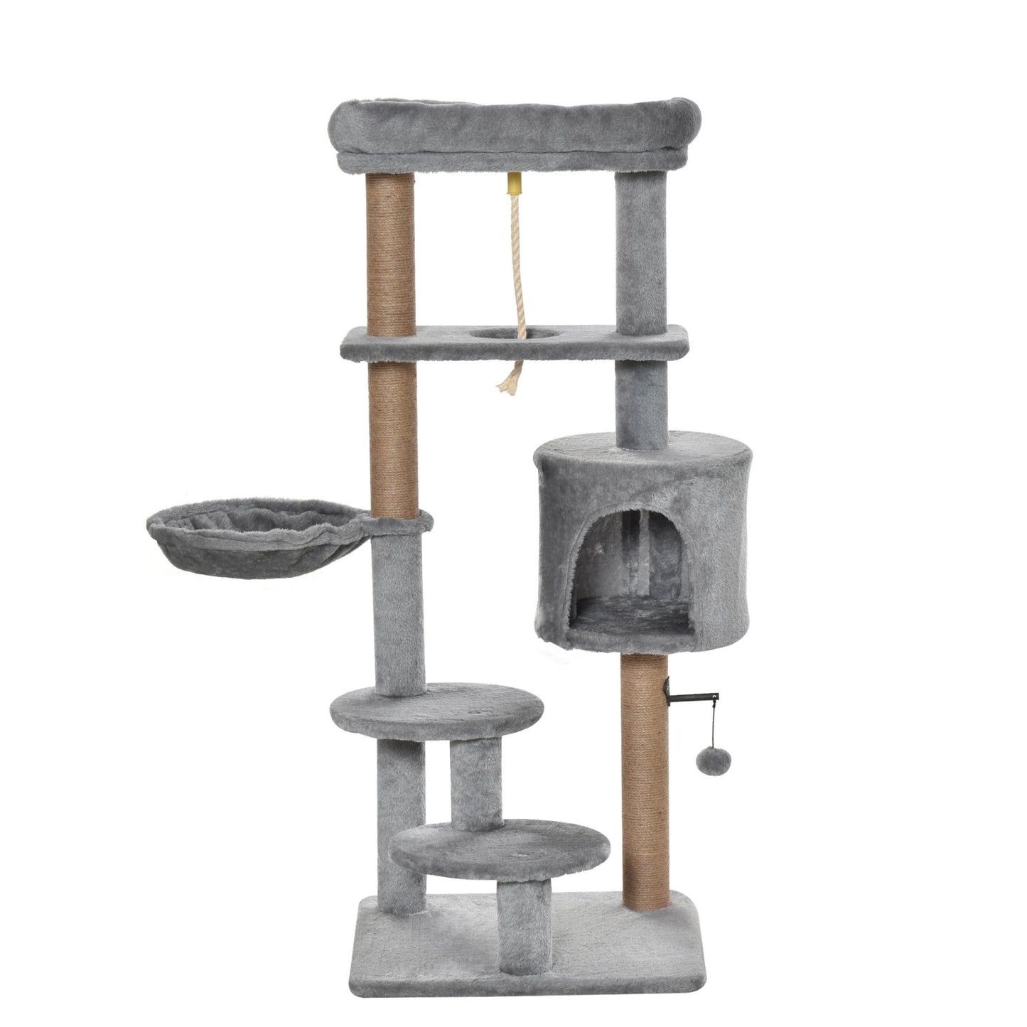 PawHut Cat Tree Tower for Indoor Cats 120cm Climbing Kitten Activity Center with Jute Scratching Post Perch Hanging Ball Hammock Teasing Rope Condo Toy Light Grey - Baig Merchant