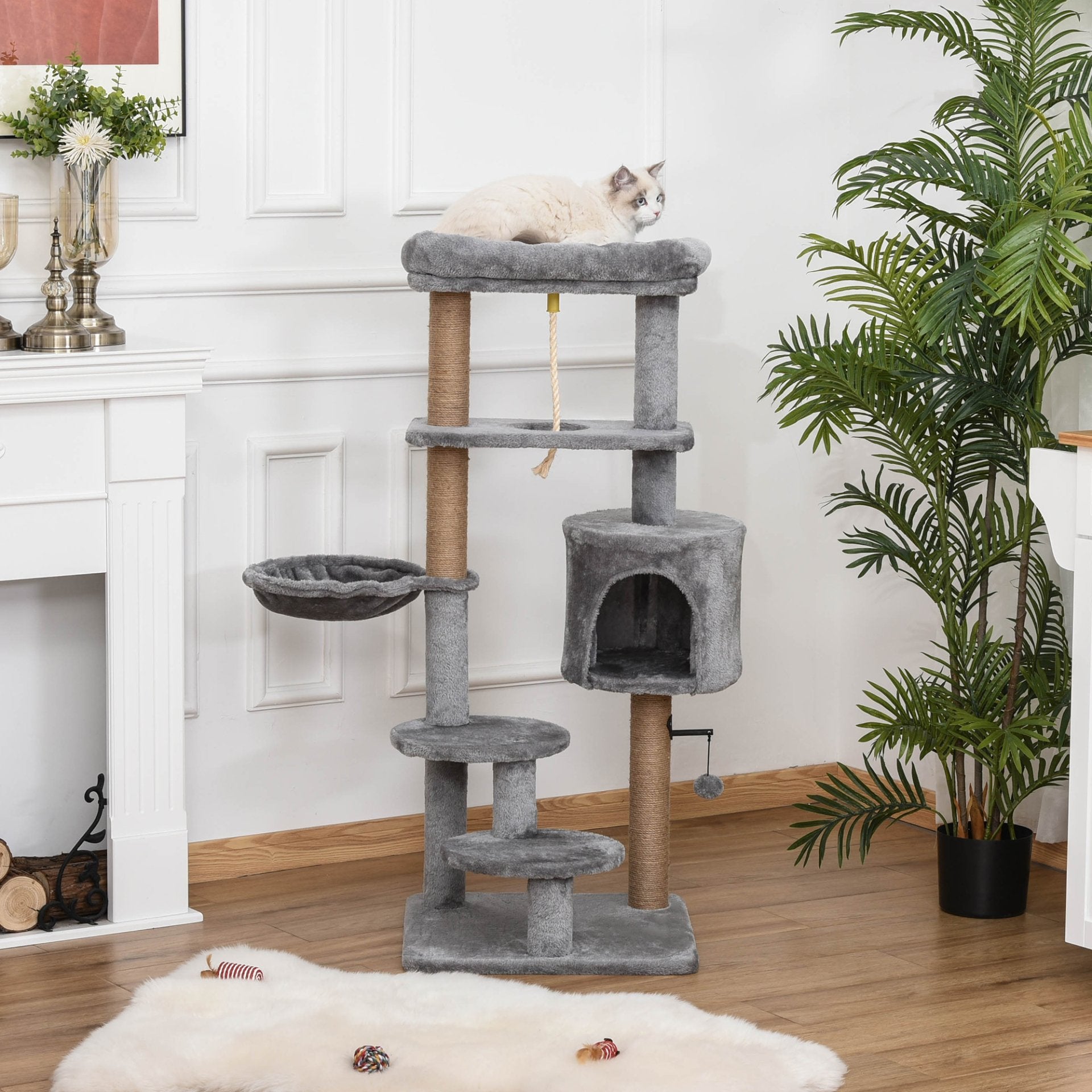 PawHut Cat Tree Tower for Indoor Cats 120cm Climbing Kitten Activity Center with Jute Scratching Post Perch Hanging Ball Hammock Teasing Rope Condo Toy Light Grey - Baig Merchant