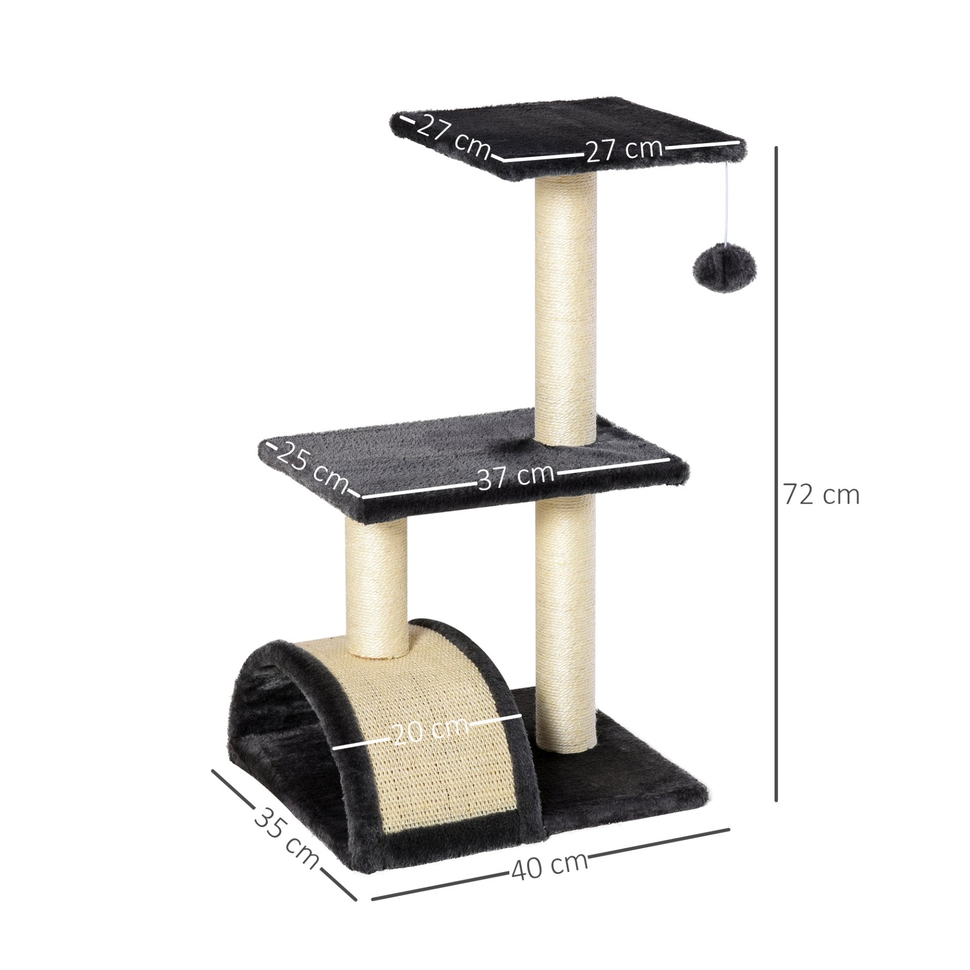 PawHut Cat Tree Tower for Indoor Cats - 72cm Climbing Activity Centre with Sisal Scratching Post Pad, Arc Perch, and Hanging Ball Toy - Grey - Baig Merchant