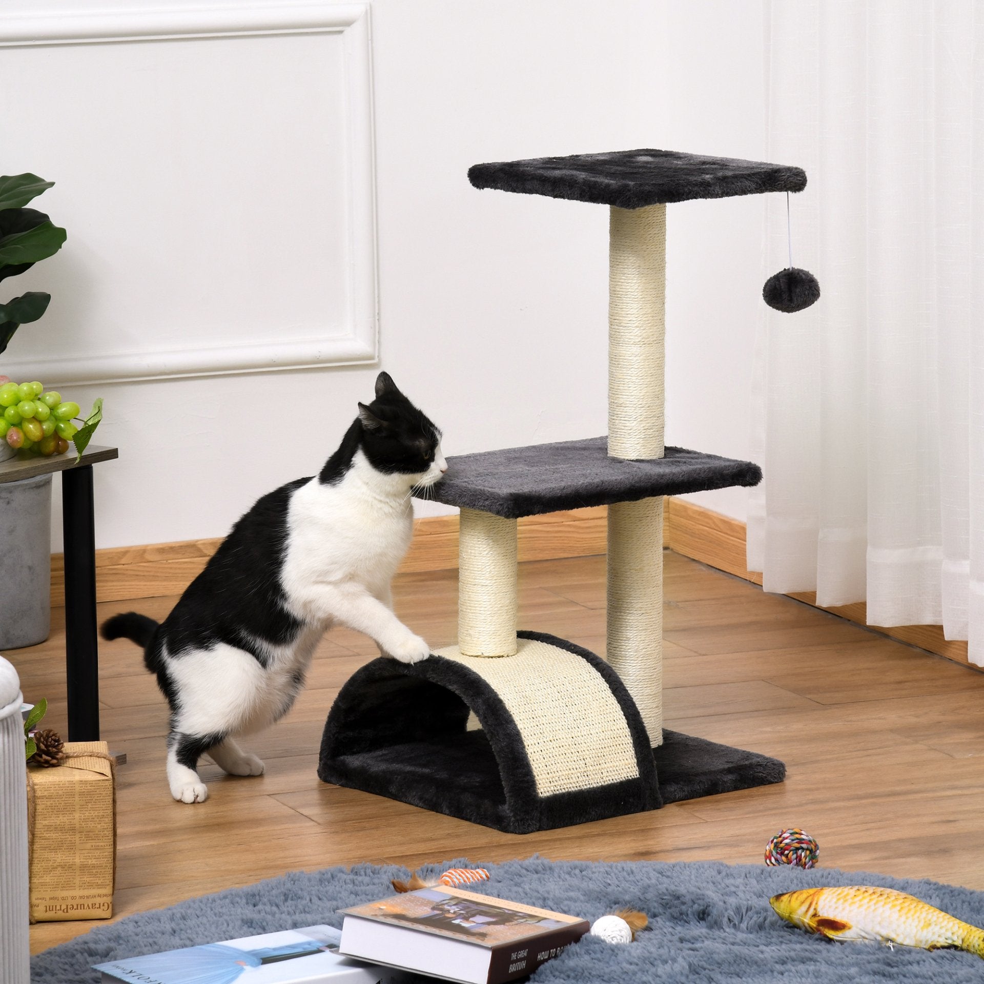 PawHut Cat Tree Tower for Indoor Cats - 72cm Climbing Activity Centre with Sisal Scratching Post Pad, Arc Perch, and Hanging Ball Toy - Grey - Baig Merchant