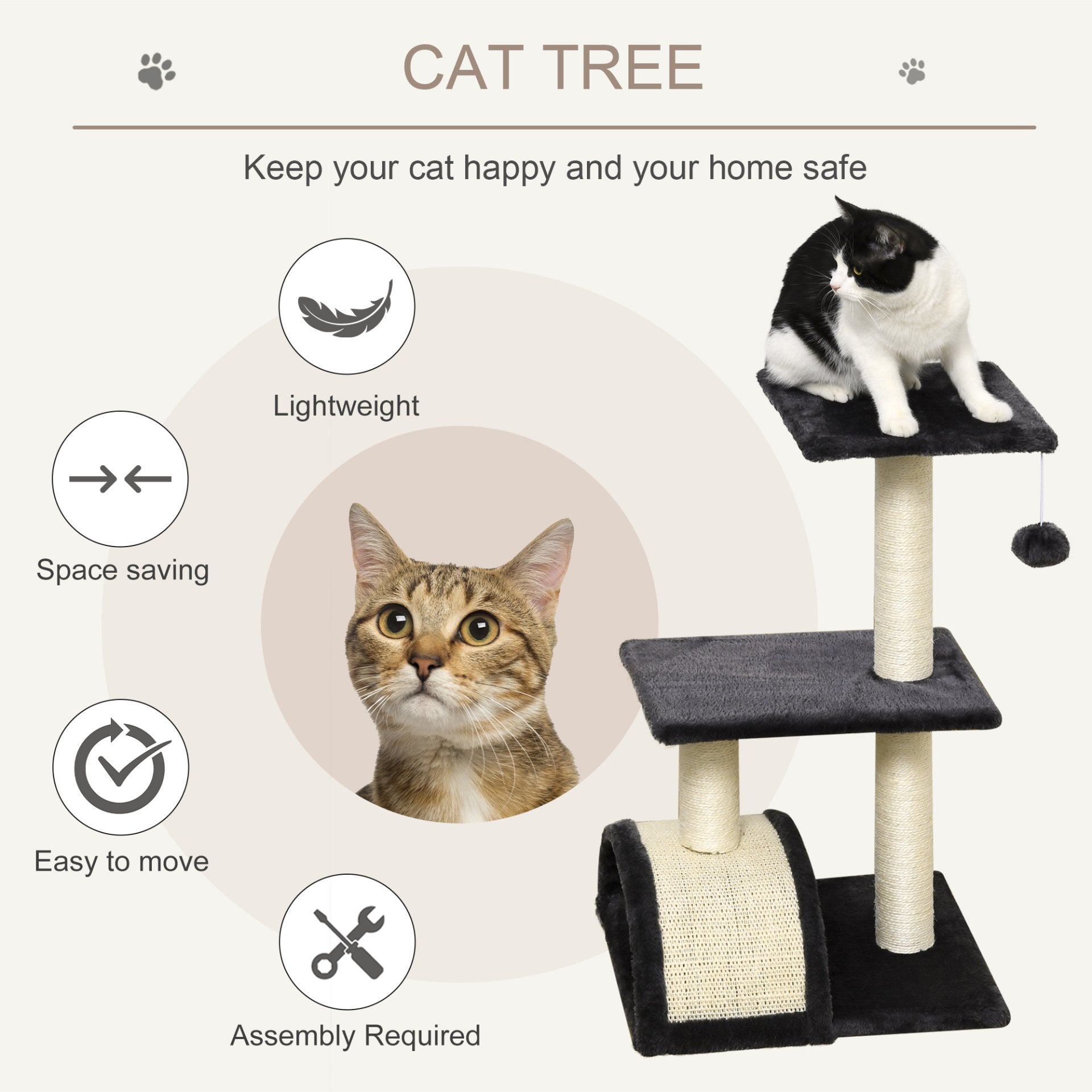 PawHut Cat Tree Tower for Indoor Cats - 72cm Climbing Activity Centre with Sisal Scratching Post Pad, Arc Perch, and Hanging Ball Toy - Grey - Baig Merchant