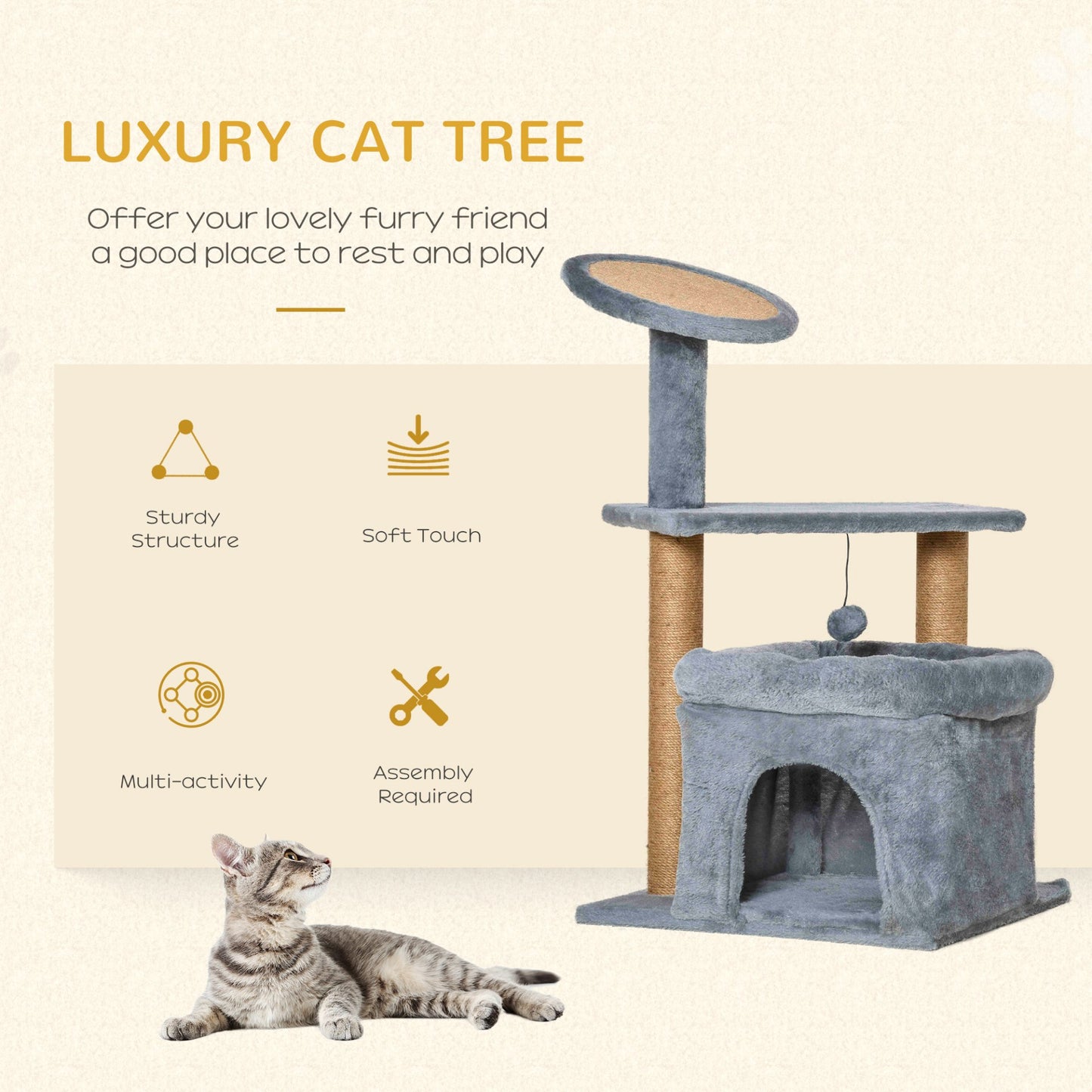 PawHut Cat Tree Tower for Indoor Cats Kitten Activity Center with Scratching Posts Pad Condo Perch Bed Interactive Ball Toy 48 x 48 x 84cm, Grey - Baig Merchant