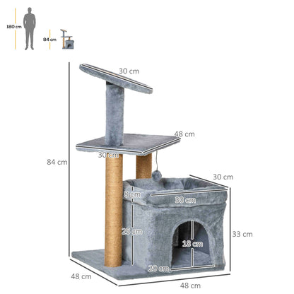 PawHut Cat Tree Tower for Indoor Cats Kitten Activity Center with Scratching Posts Pad Condo Perch Bed Interactive Ball Toy 48 x 48 x 84cm, Grey - Baig Merchant