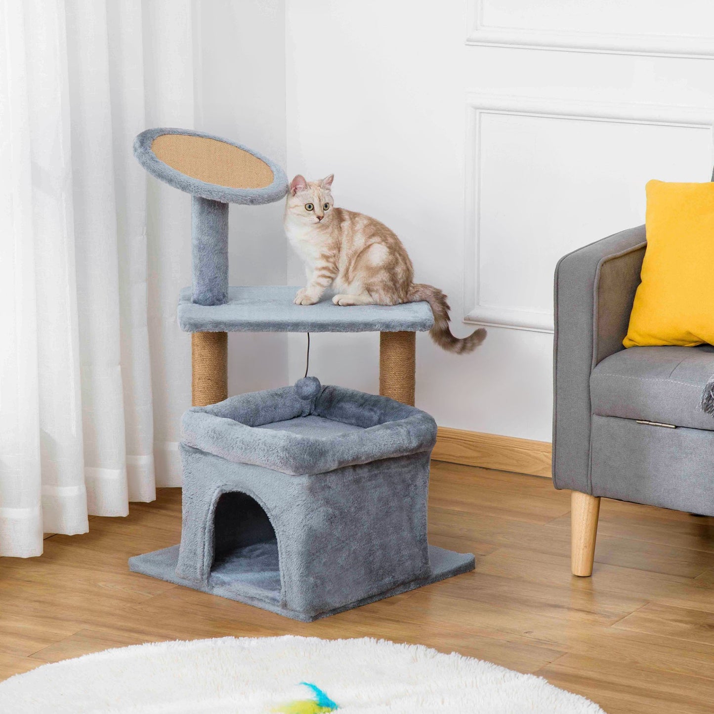 PawHut Cat Tree Tower for Indoor Cats Kitten Activity Center with Scratching Posts Pad Condo Perch Bed Interactive Ball Toy 48 x 48 x 84cm, Grey - Baig Merchant