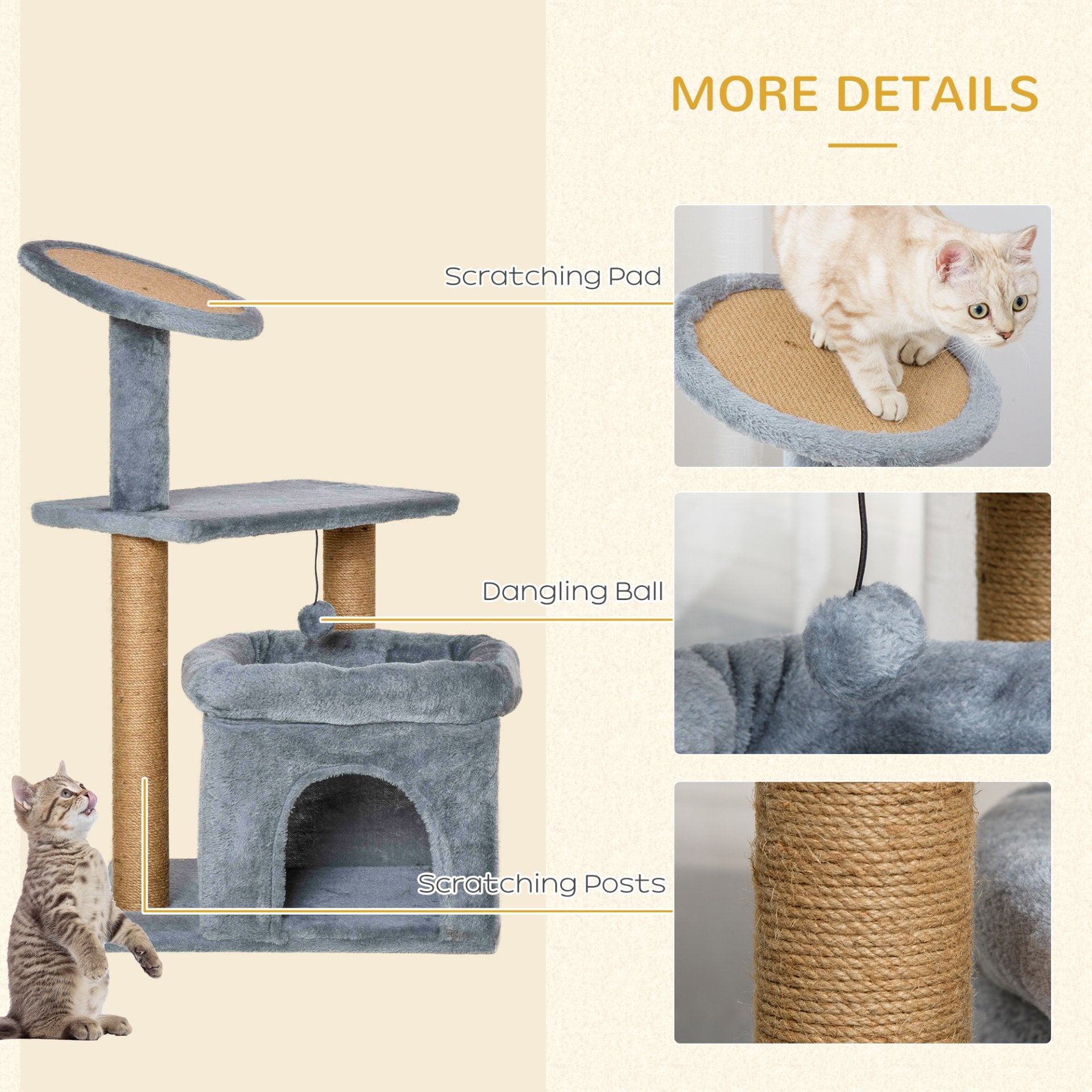 PawHut Cat Tree Tower for Indoor Cats Kitten Activity Center with Scratching Posts Pad Condo Perch Bed Interactive Ball Toy 48 x 48 x 84cm, Grey - Baig Merchant