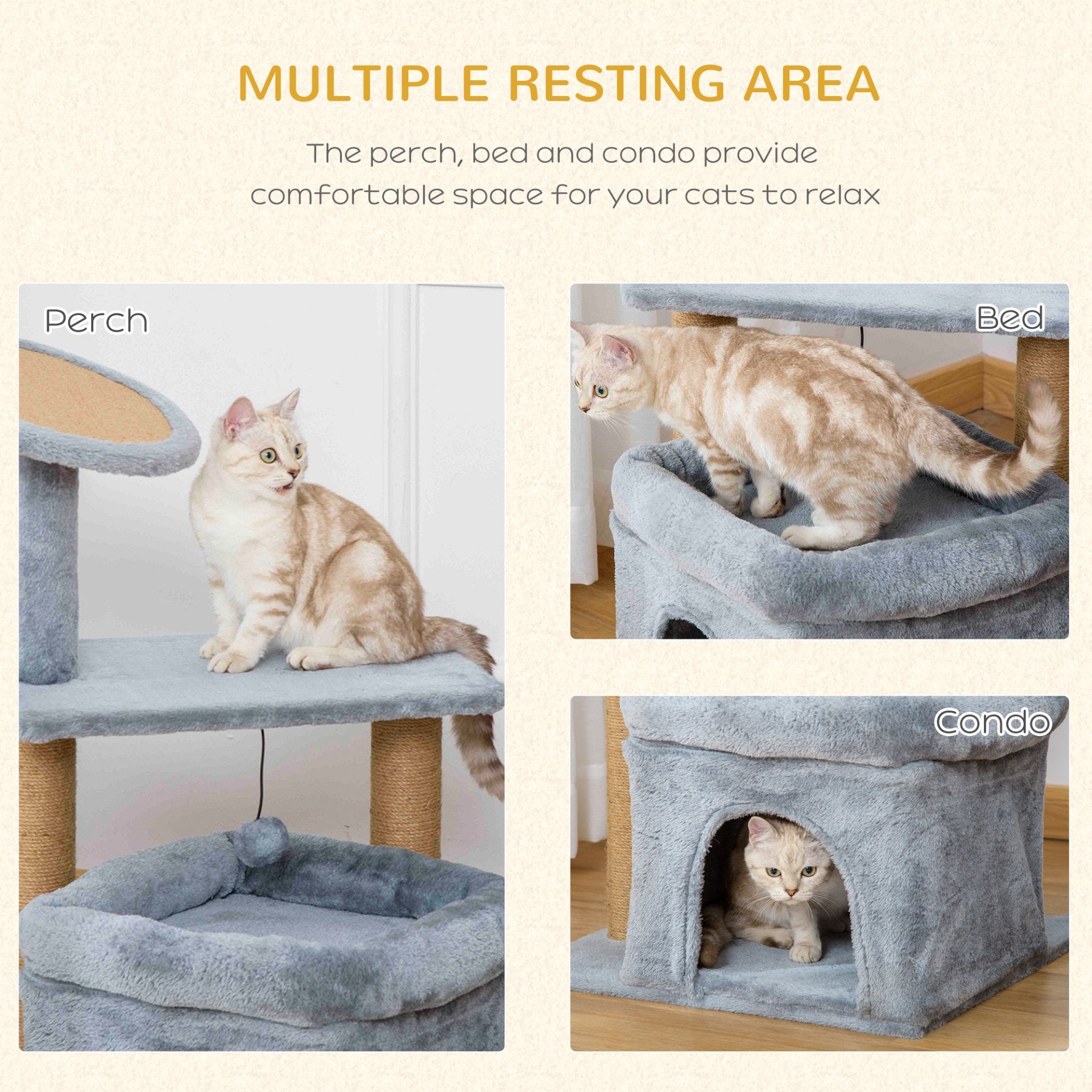 PawHut Cat Tree Tower for Indoor Cats Kitten Activity Center with Scratching Posts Pad Condo Perch Bed Interactive Ball Toy 48 x 48 x 84cm, Grey - Baig Merchant