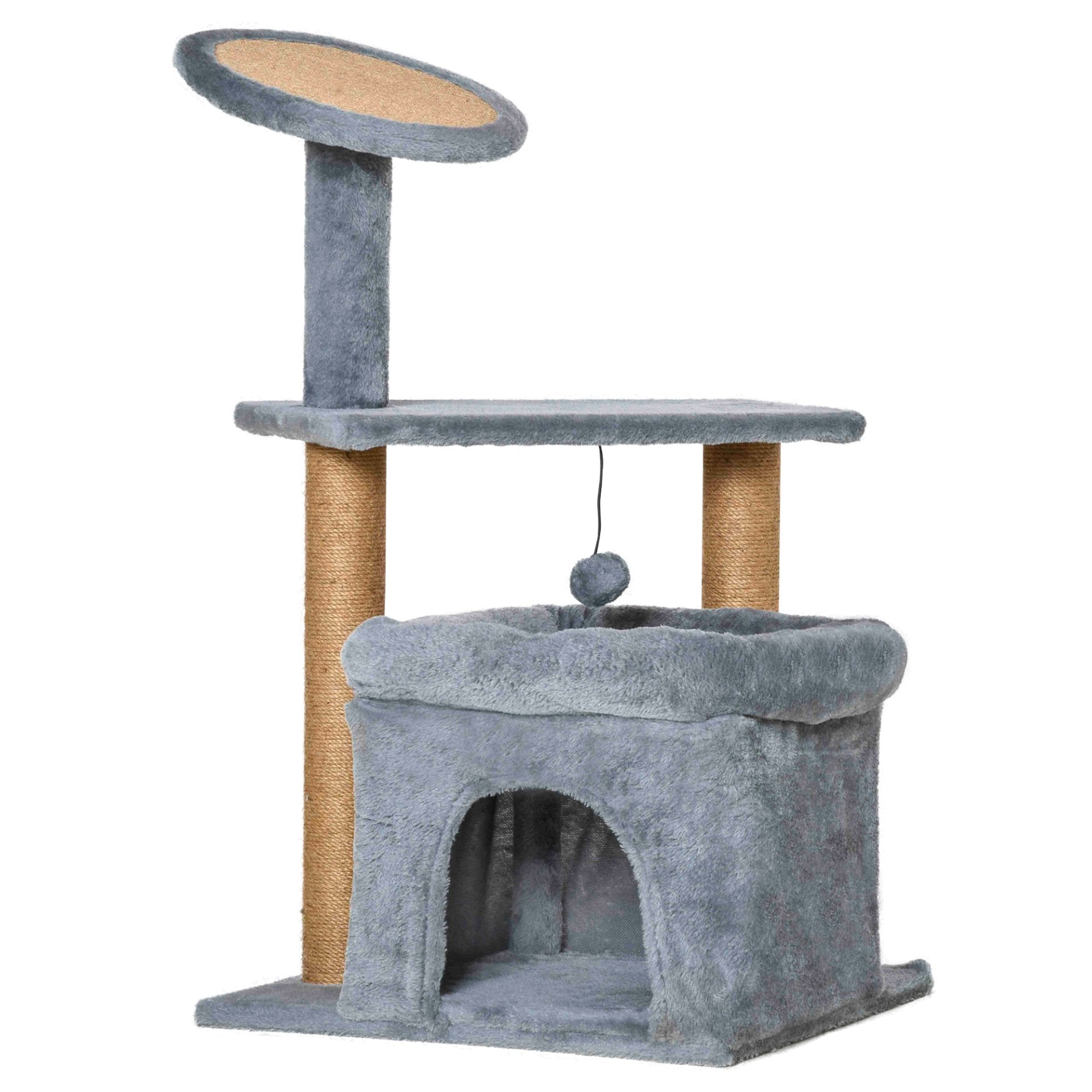 PawHut Cat Tree Tower for Indoor Cats Kitten Activity Center with Scratching Posts Pad Condo Perch Bed Interactive Ball Toy 48 x 48 x 84cm, Grey - Baig Merchant