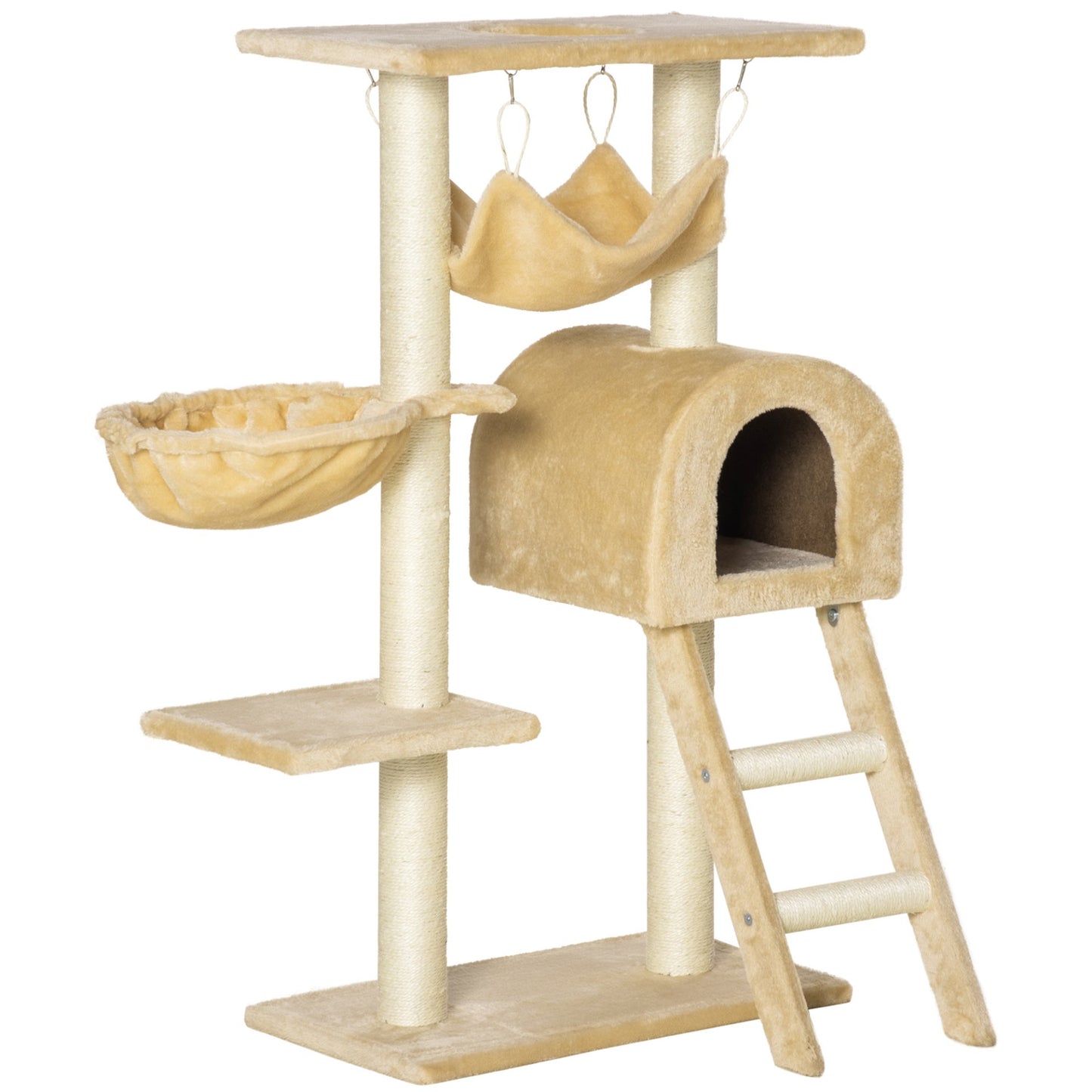 PawHut Cat Tree Tower for Indoor Cats Kitten Activity Centre Scratching Post w/ Hammock House Basket Ladder - Beige - Baig Merchant