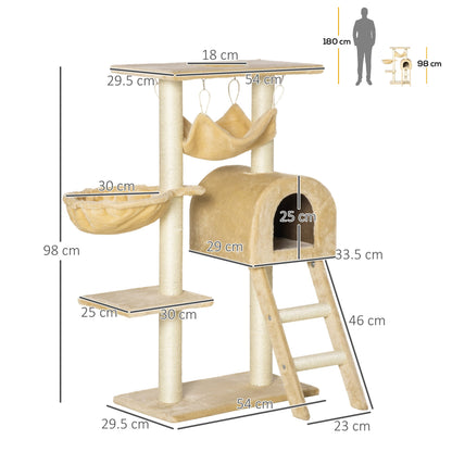 PawHut Cat Tree Tower for Indoor Cats Kitten Activity Centre Scratching Post w/ Hammock House Basket Ladder - Beige - Baig Merchant