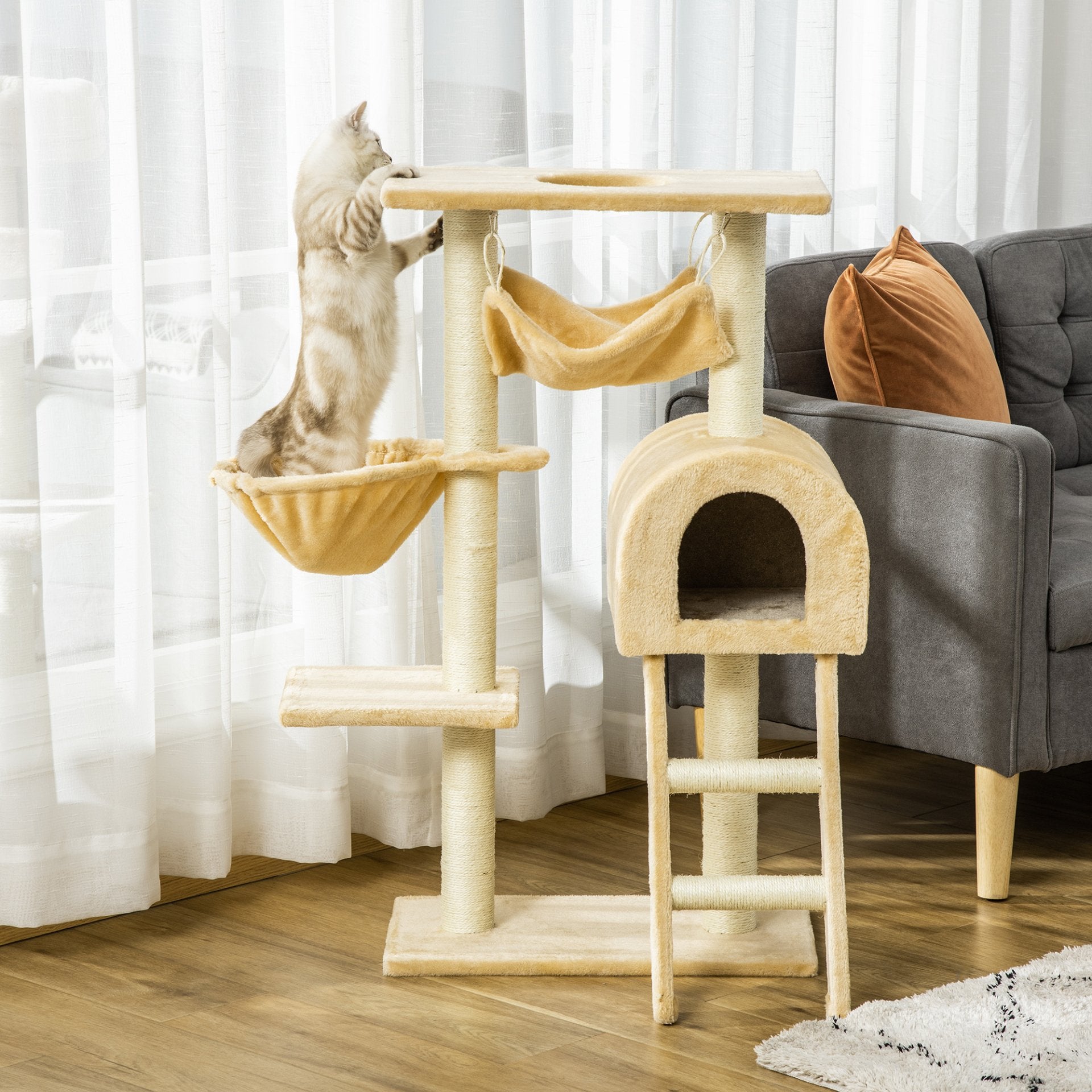 PawHut Cat Tree Tower for Indoor Cats Kitten Activity Centre Scratching Post w/ Hammock House Basket Ladder - Beige - Baig Merchant