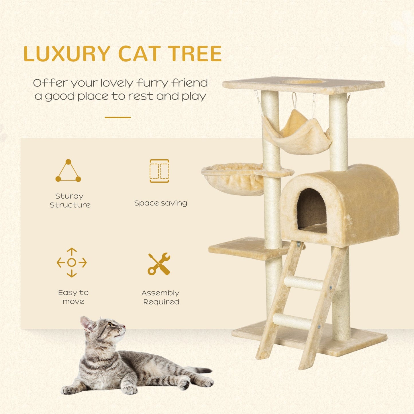 PawHut Cat Tree Tower for Indoor Cats Kitten Activity Centre Scratching Post w/ Hammock House Basket Ladder - Beige - Baig Merchant