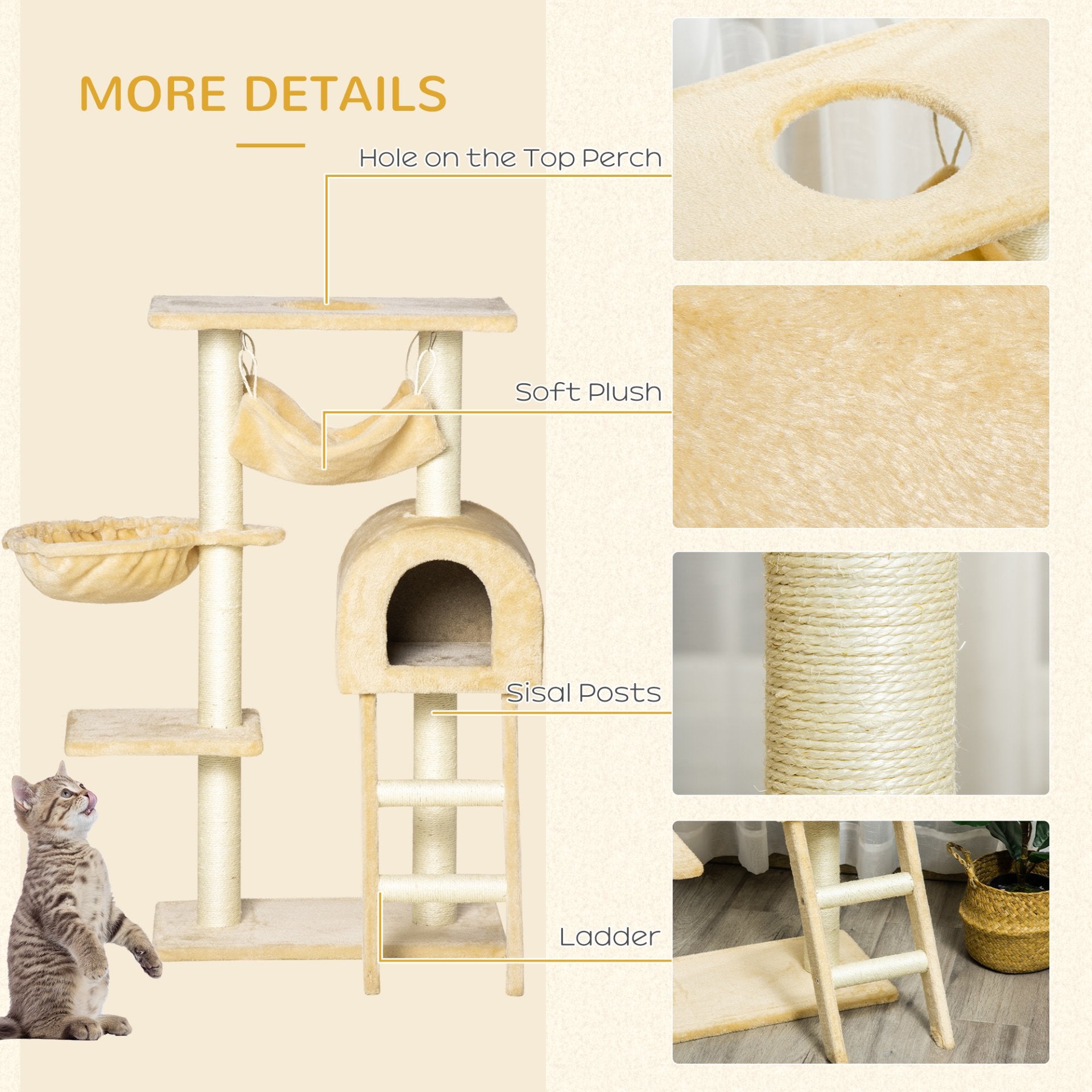 PawHut Cat Tree Tower for Indoor Cats Kitten Activity Centre Scratching Post w/ Hammock House Basket Ladder - Beige - Baig Merchant