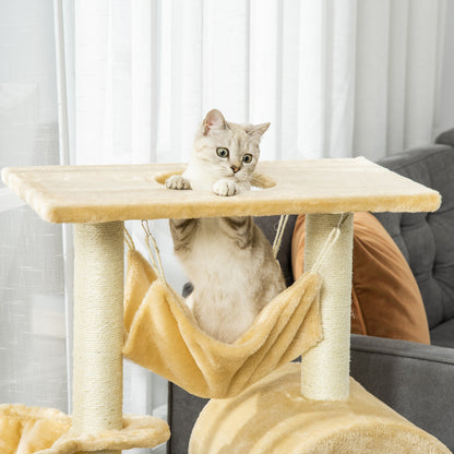 PawHut Cat Tree Tower for Indoor Cats Kitten Activity Centre Scratching Post w/ Hammock House Basket Ladder - Beige - Baig Merchant