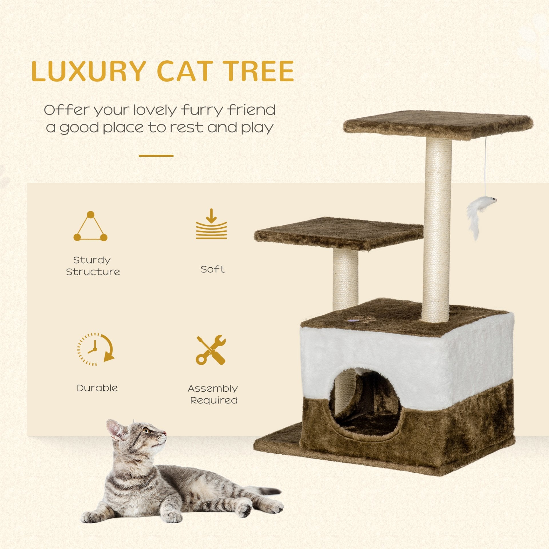 PawHut Cat Tree Tower for Indoor Cats Kitten House Scratching Posts with Condo Perch Interactive Mouse Toy, 45 x 33 x 70 cm, Brown - Baig Merchant