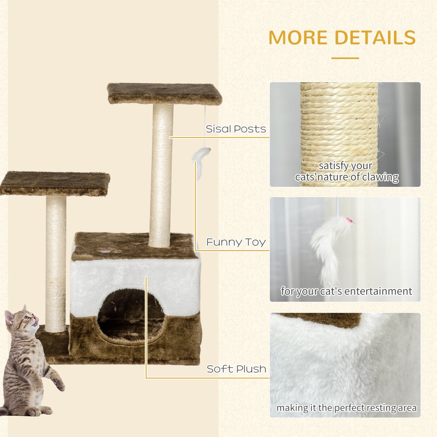 PawHut Cat Tree Tower for Indoor Cats Kitten House Scratching Posts with Condo Perch Interactive Mouse Toy, 45 x 33 x 70 cm, Brown - Baig Merchant