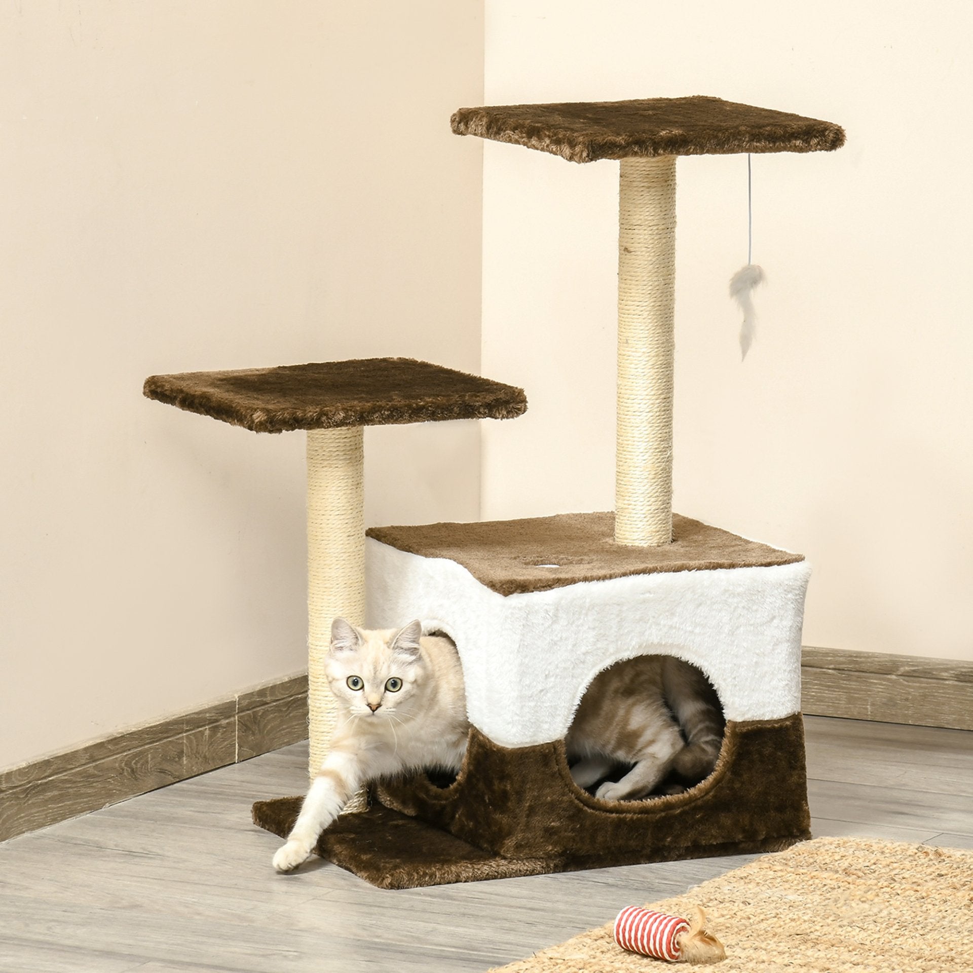 PawHut Cat Tree Tower for Indoor Cats Kitten House Scratching Posts with Condo Perch Interactive Mouse Toy, 45 x 33 x 70 cm, Brown - Baig Merchant