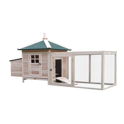 PawHut Chicken Coop with Run Hen House Poultry Coops Cages Pen Outdoor Backyard with Nesting Box - 196 x 76 x 97cm, Natural - Baig Merchant