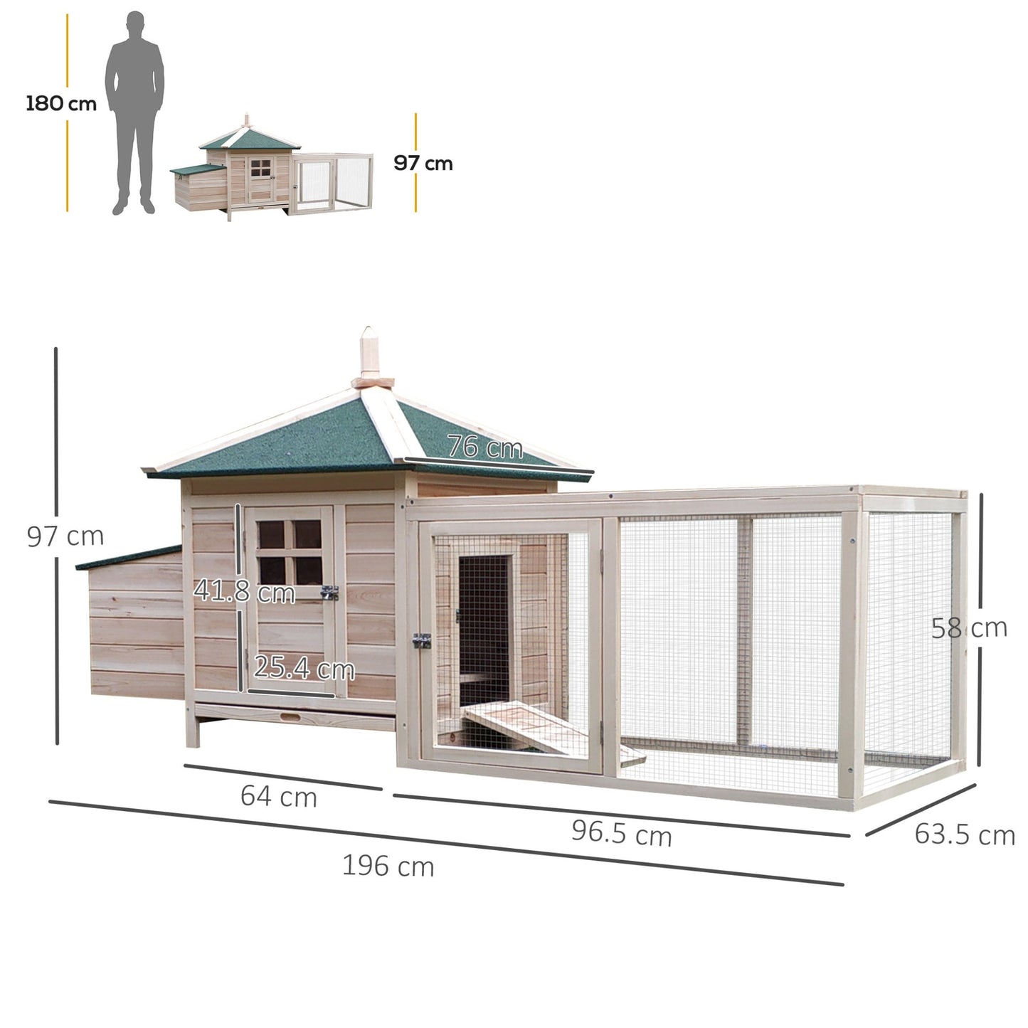 PawHut Chicken Coop with Run Hen House Poultry Coops Cages Pen Outdoor Backyard with Nesting Box - 196 x 76 x 97cm, Natural - Baig Merchant